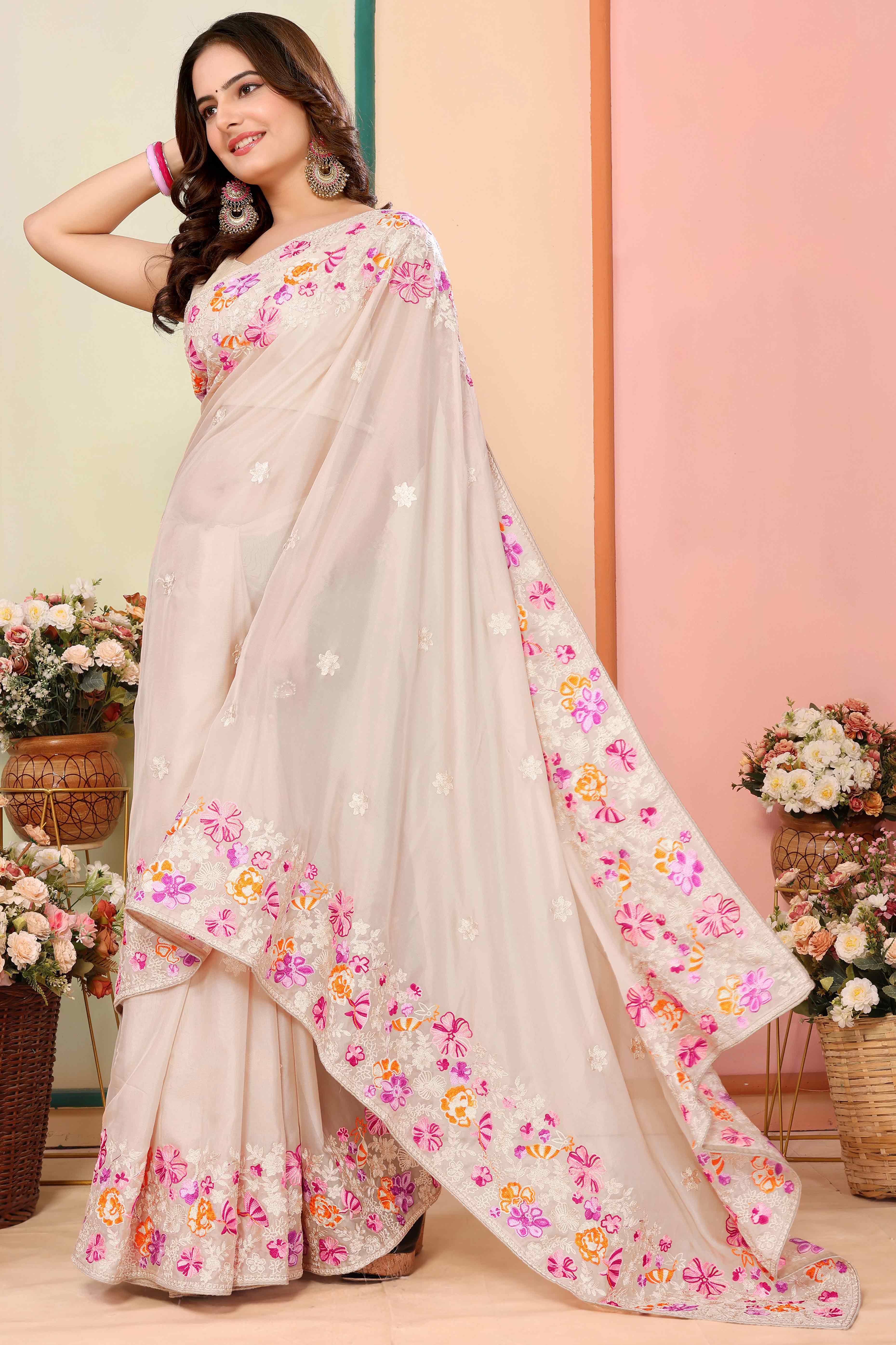 Beige Floral Embroidered Organza Saree