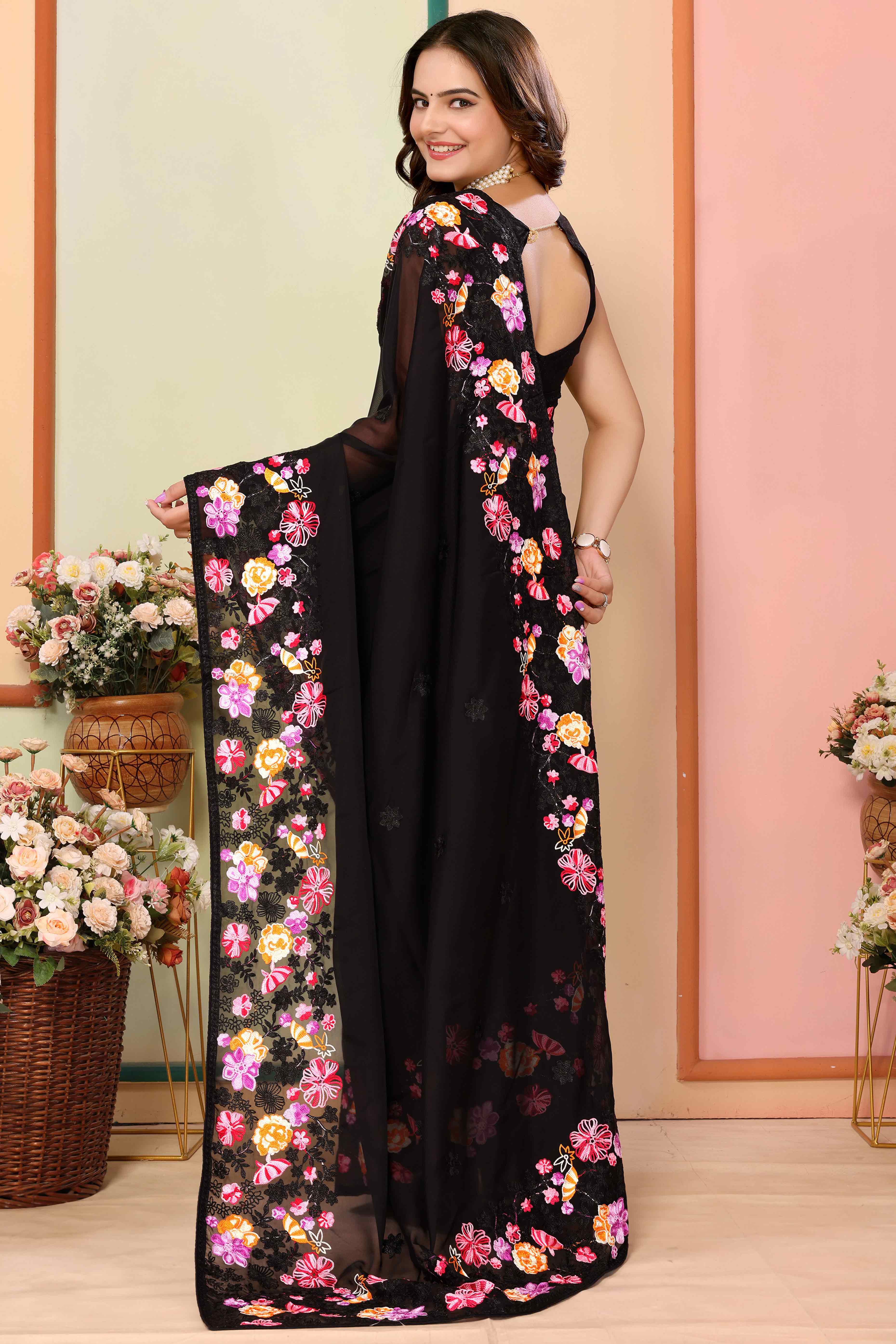 Black Floral Embroidered Organza Saree