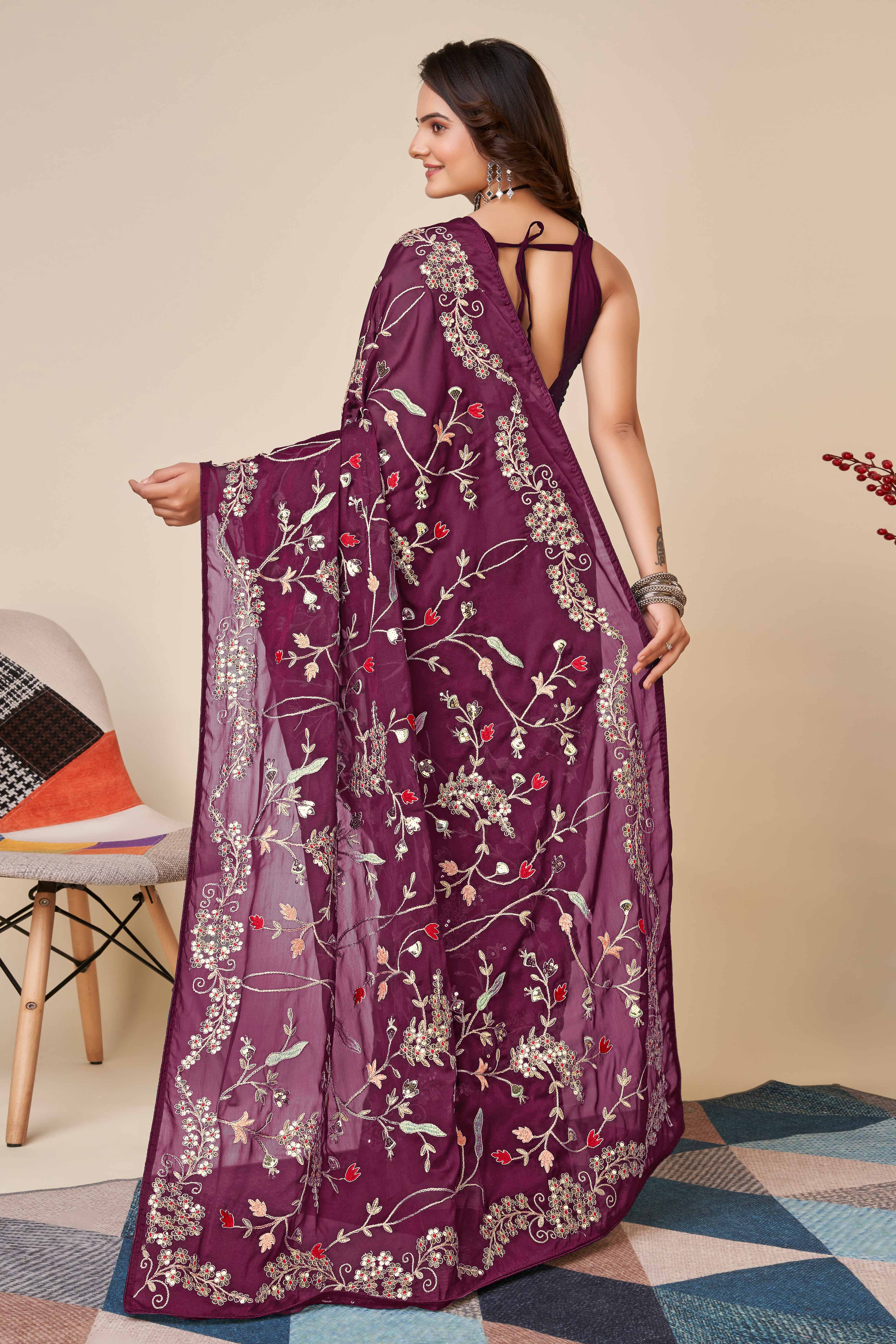 Wine Rangoli Art Silk Saree Featuring Intricate Floral Cording Embroidery & Sparkling Sequin Work