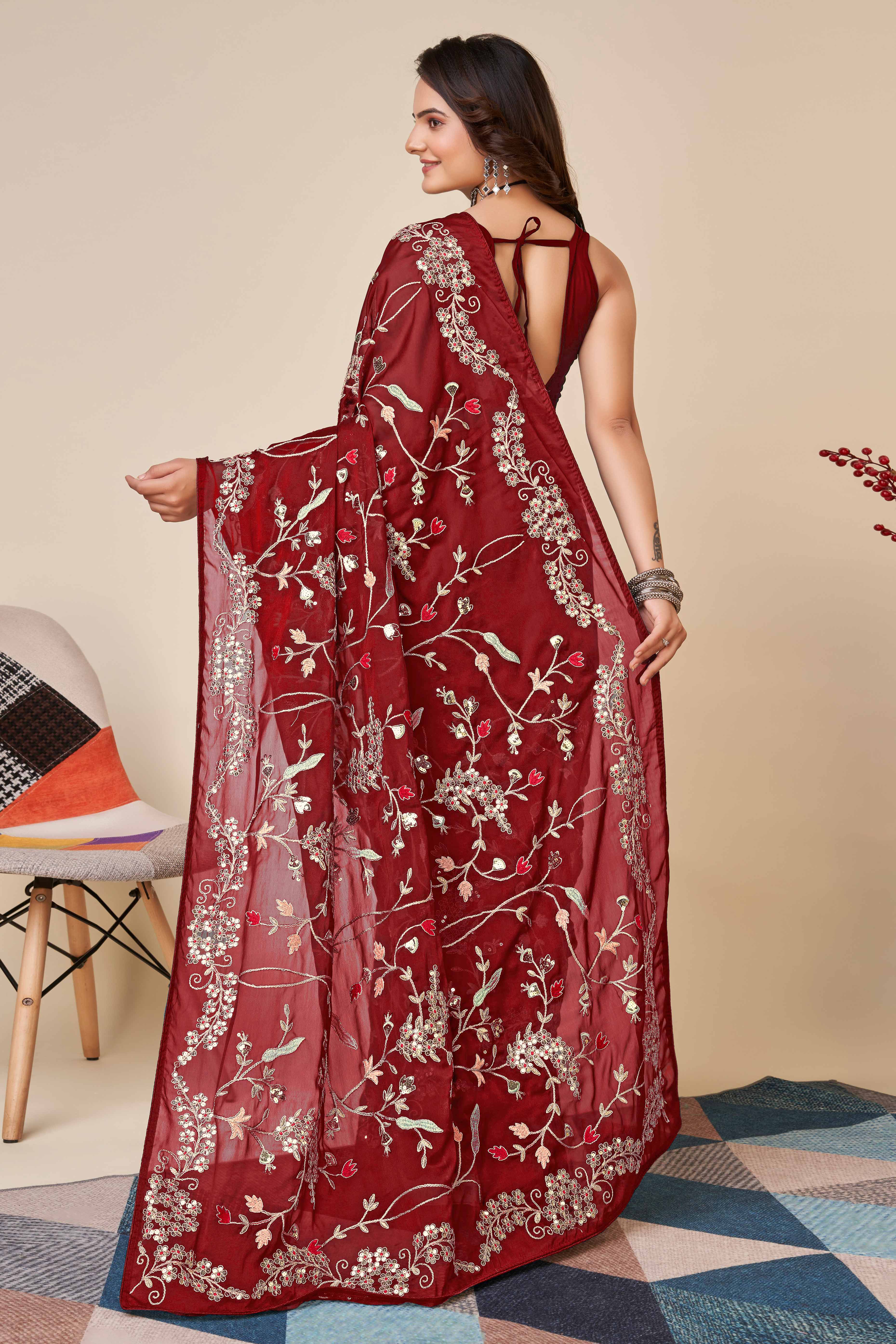 Maroon Rangoli Art Silk Saree Featuring Intricate Floral Cording Embroidery & Sparkling Sequin Work