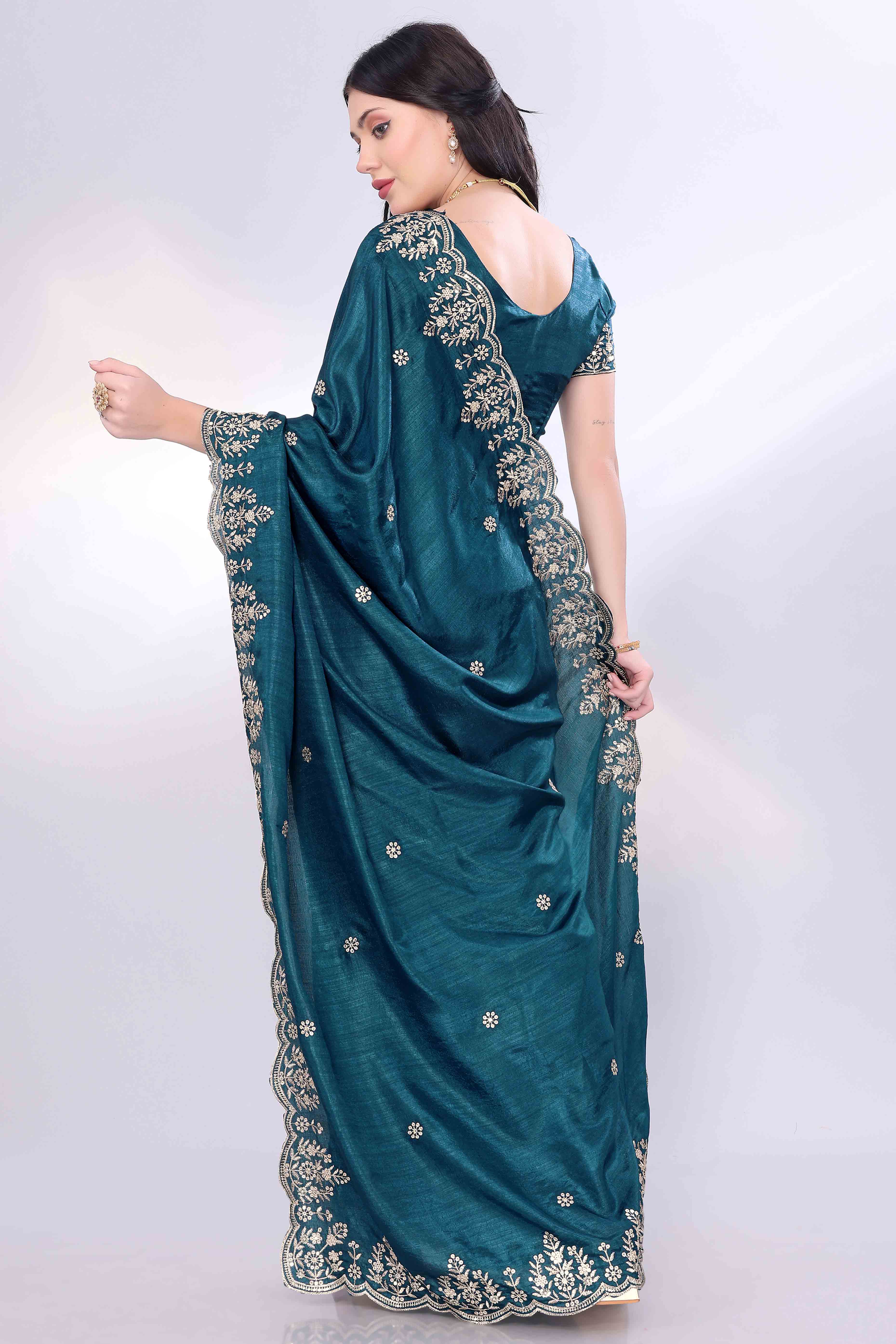 Morpich Blue Zari Embroidered Saree In Vichitra Silk With Shimmering Floral Sequins Work