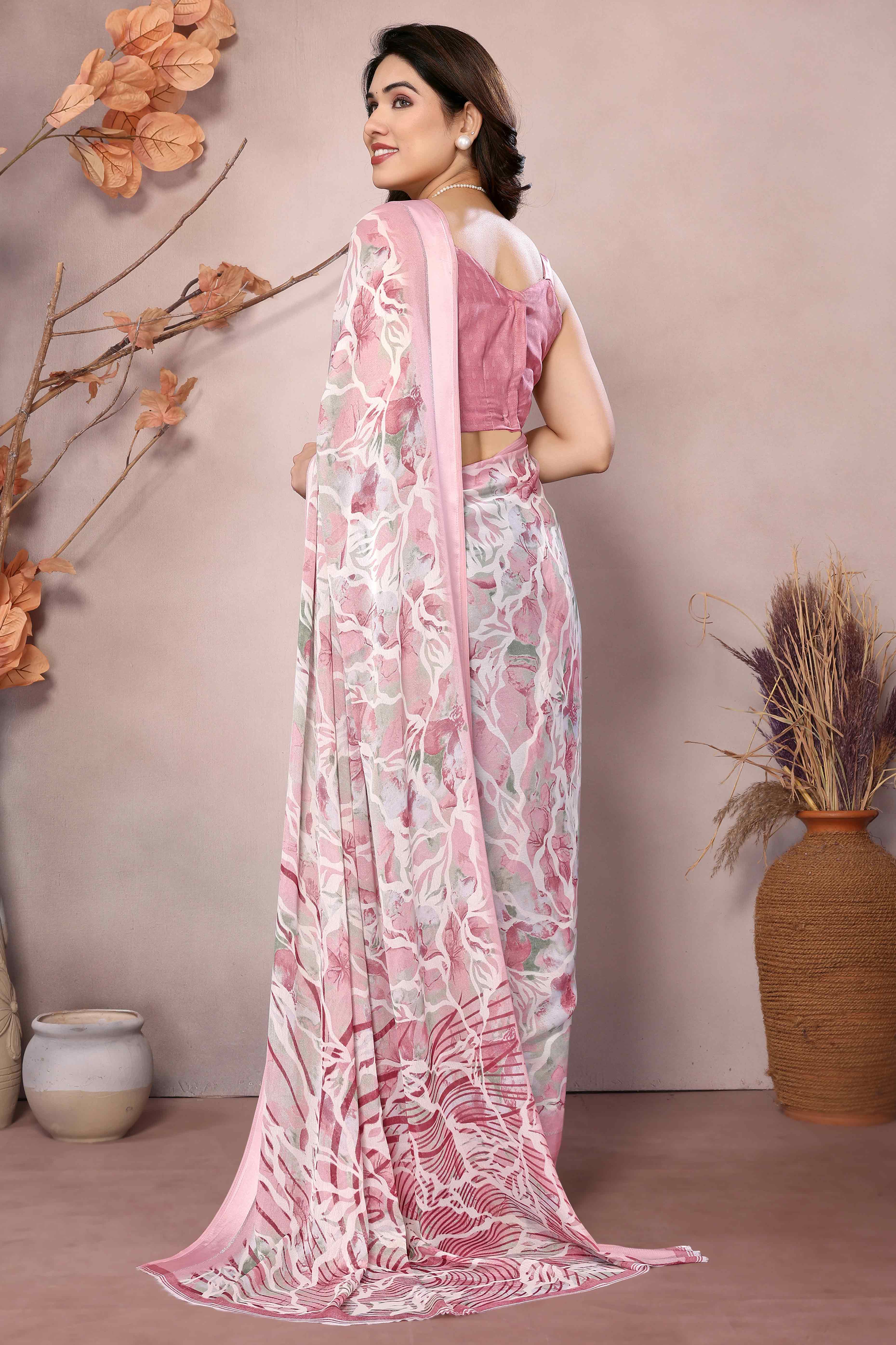 Peach Floral Printed Moss Art Silk Saree