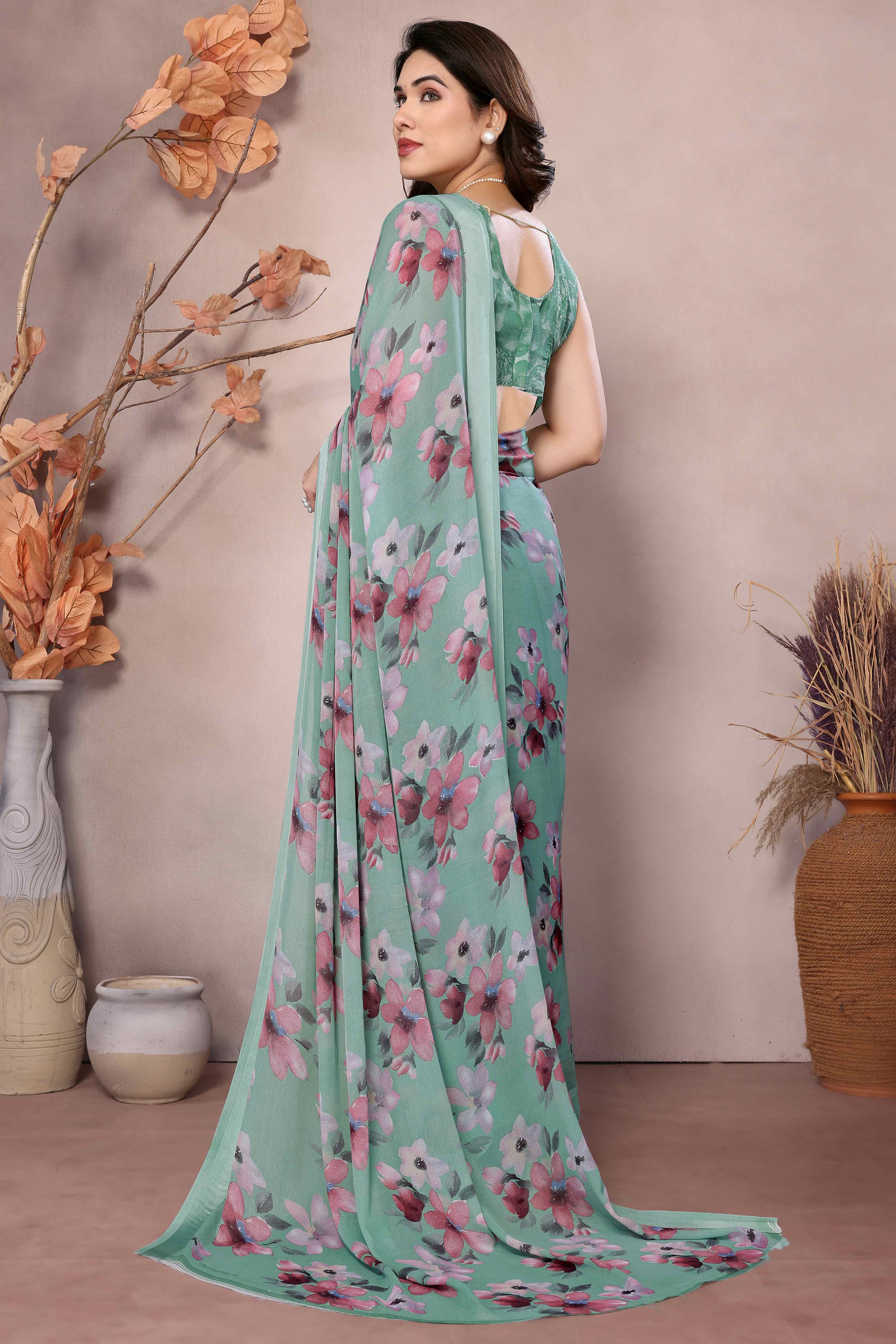 Sea Green Floral Printed Moss Art Silk Saree