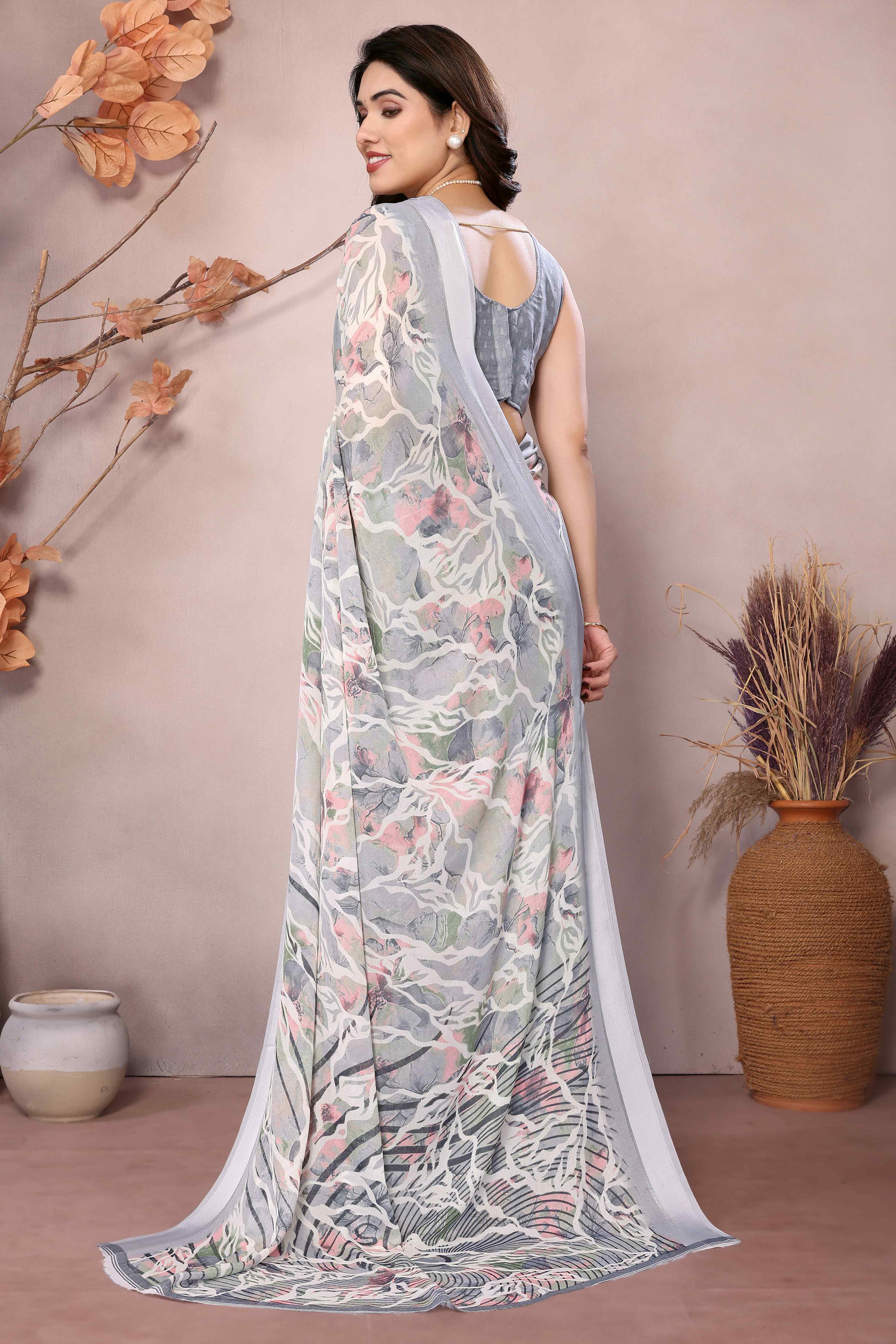 Grey Floral Printed Moss Art Silk Saree