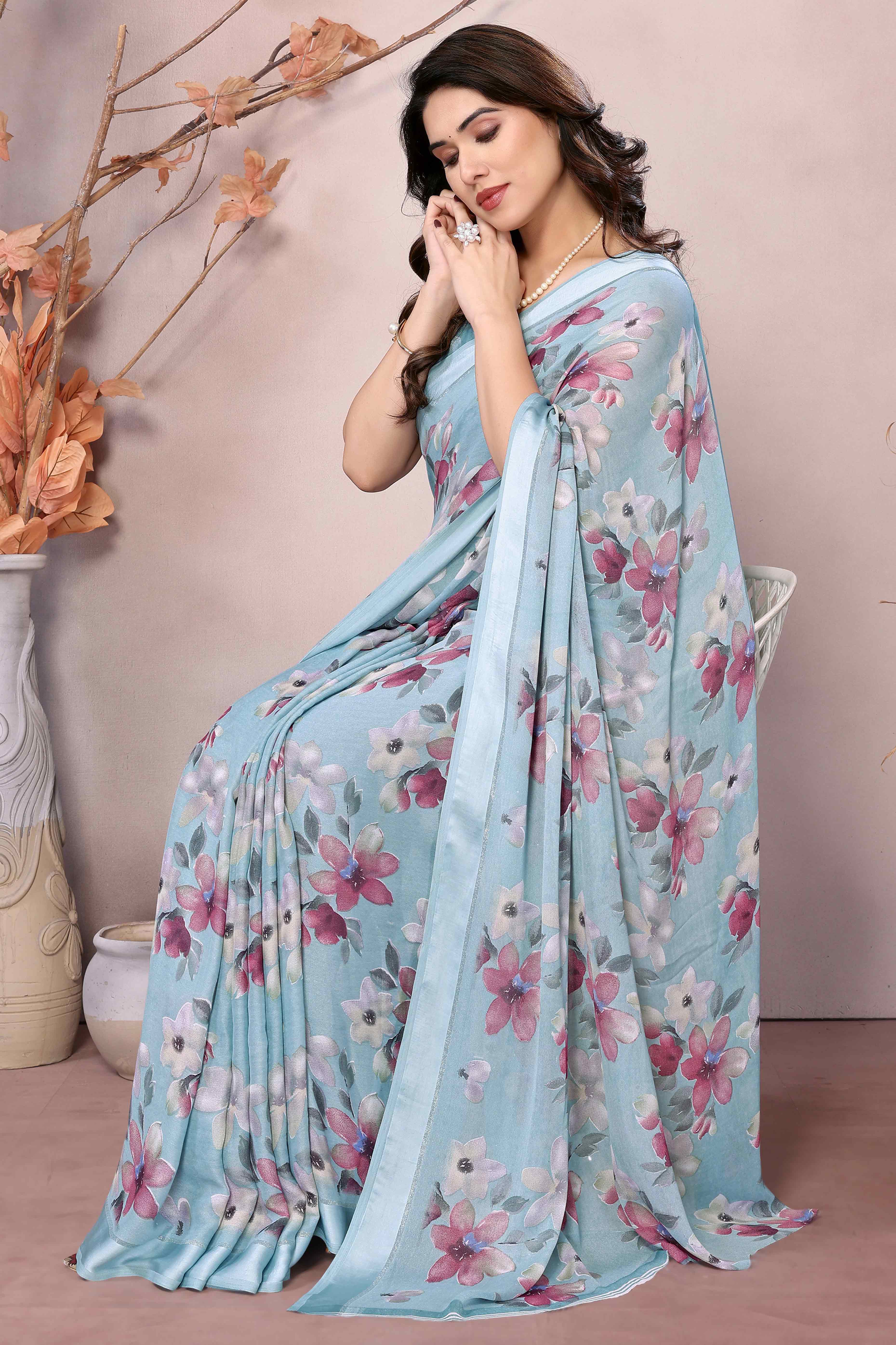 Blue Floral Printed Moss Art Silk Saree