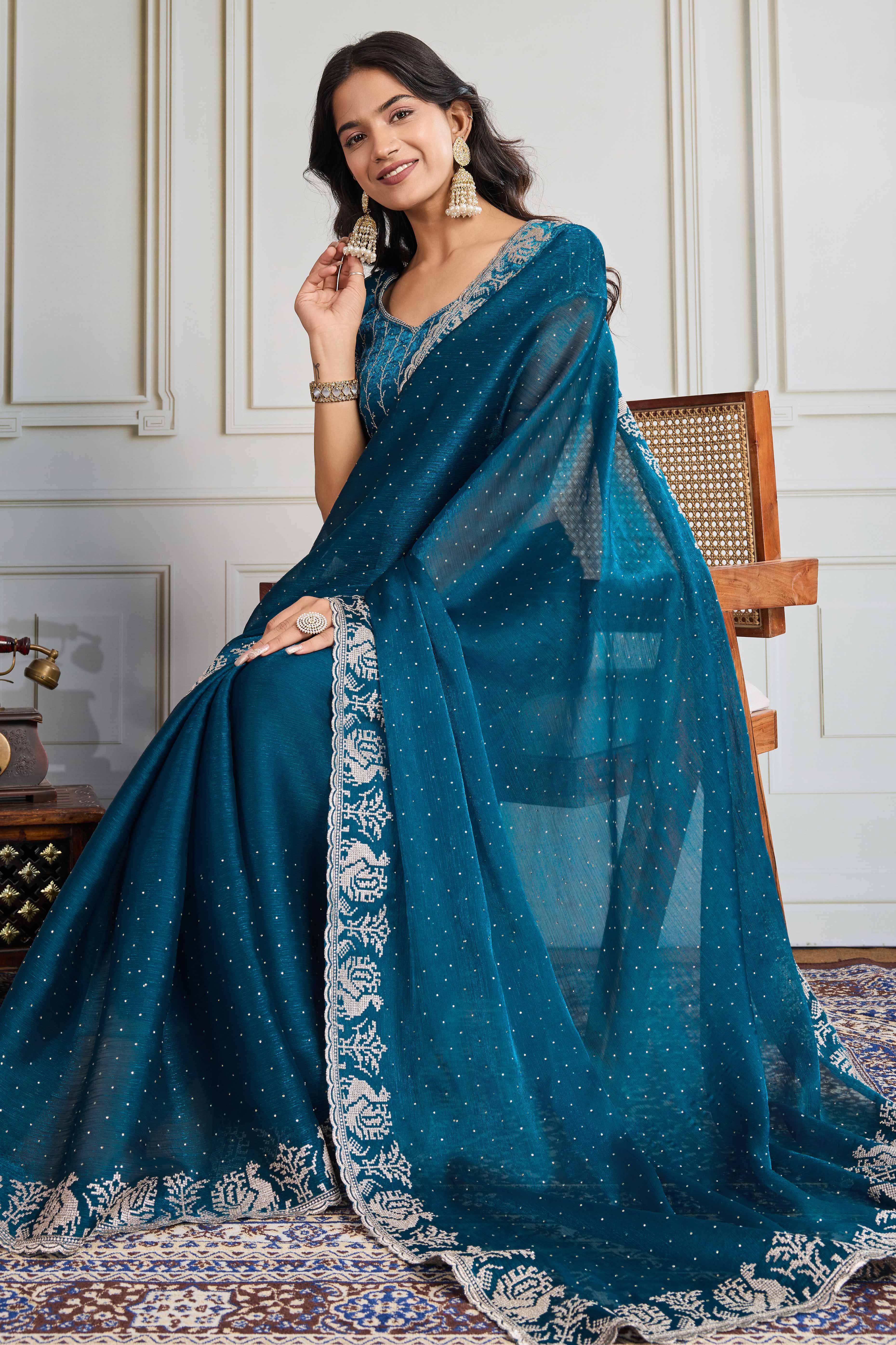 Teal Festive Wear Silk Blend Saree with Embroidery & Stones