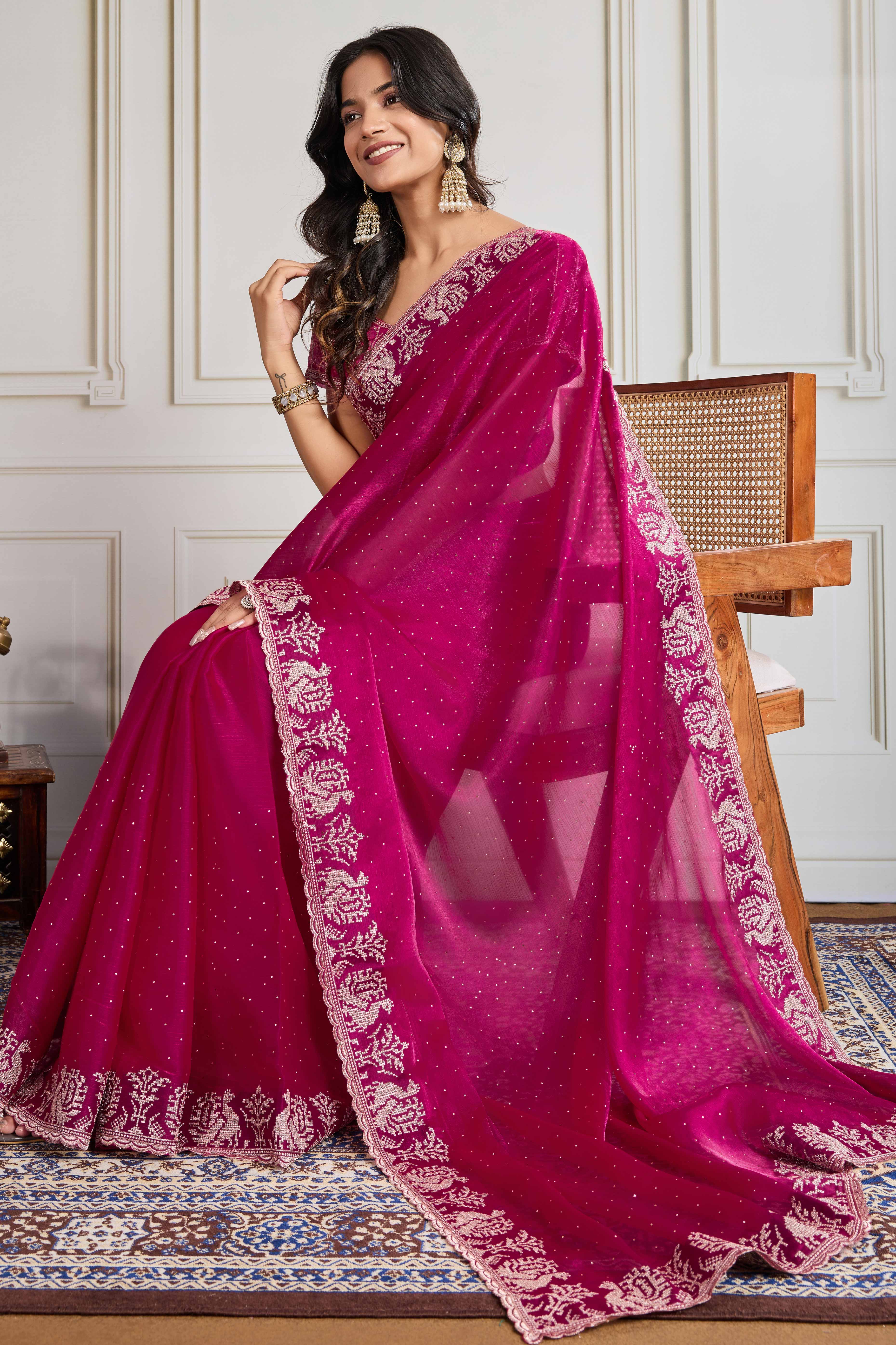 Pink Festive Wear Silk Blend Saree with Embroidery & Stones