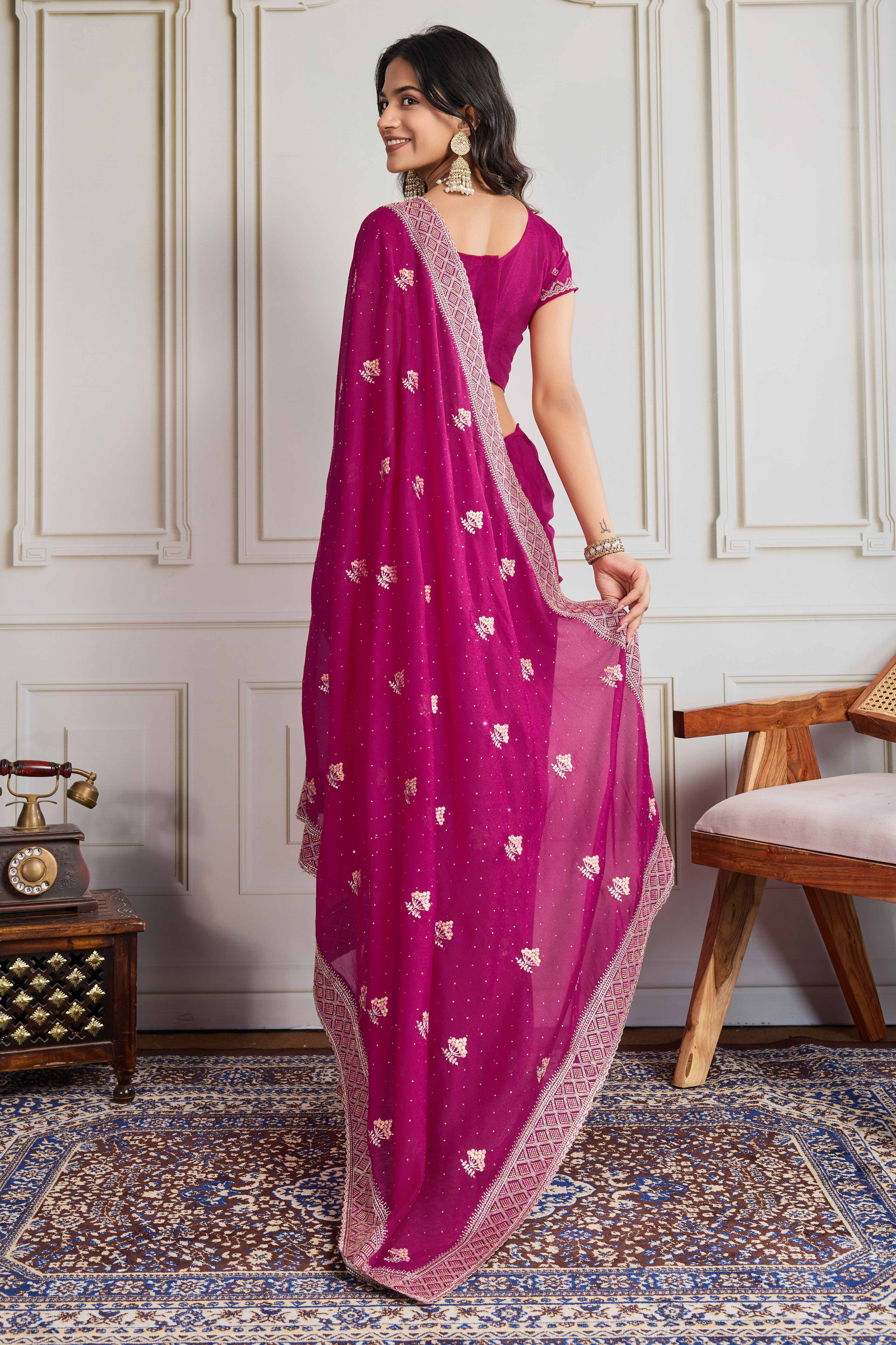 Pink Georgette Saree Featuring Embroidered and Stone Work