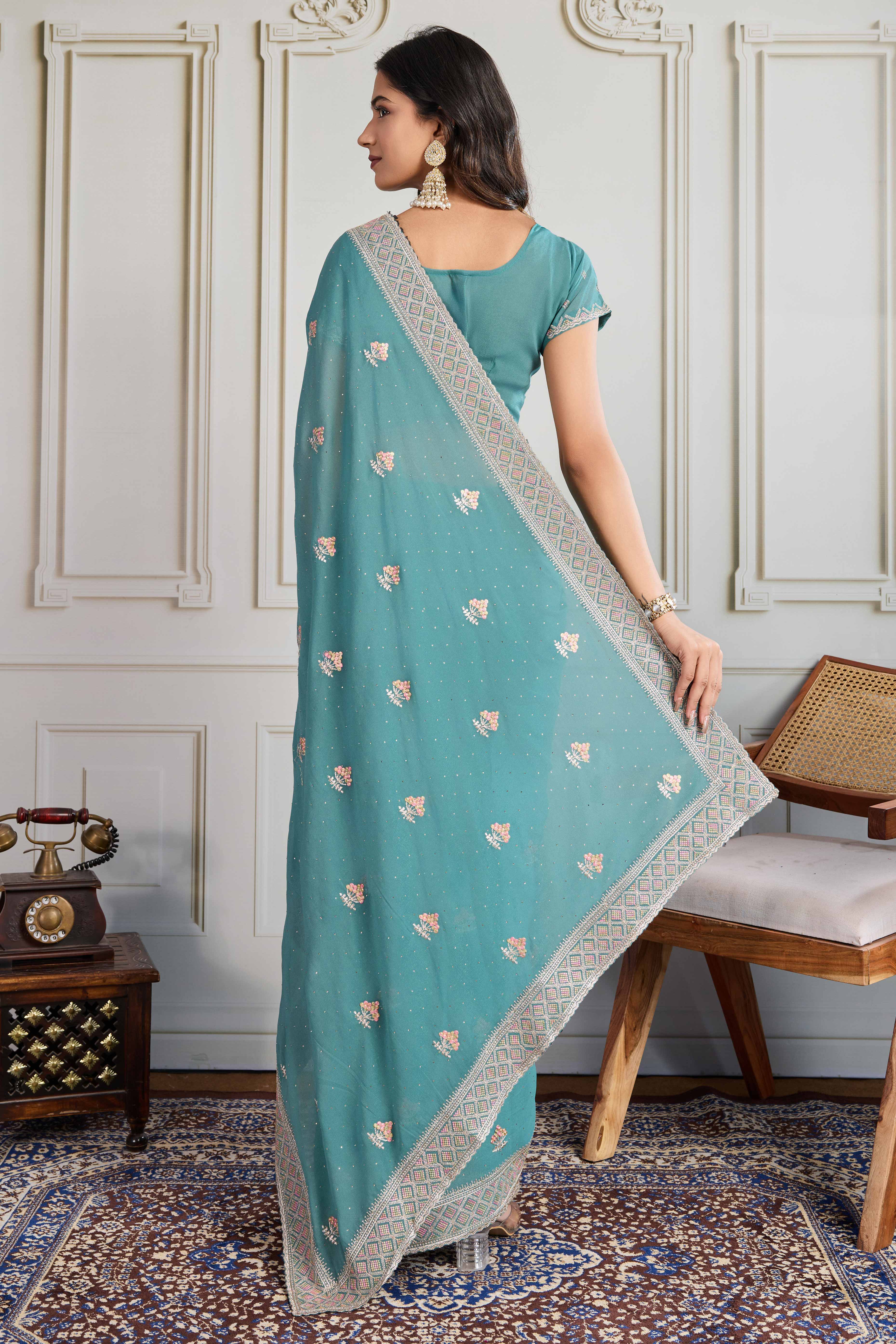 Teal Georgette Saree Featuring Embroidered and Stone Work