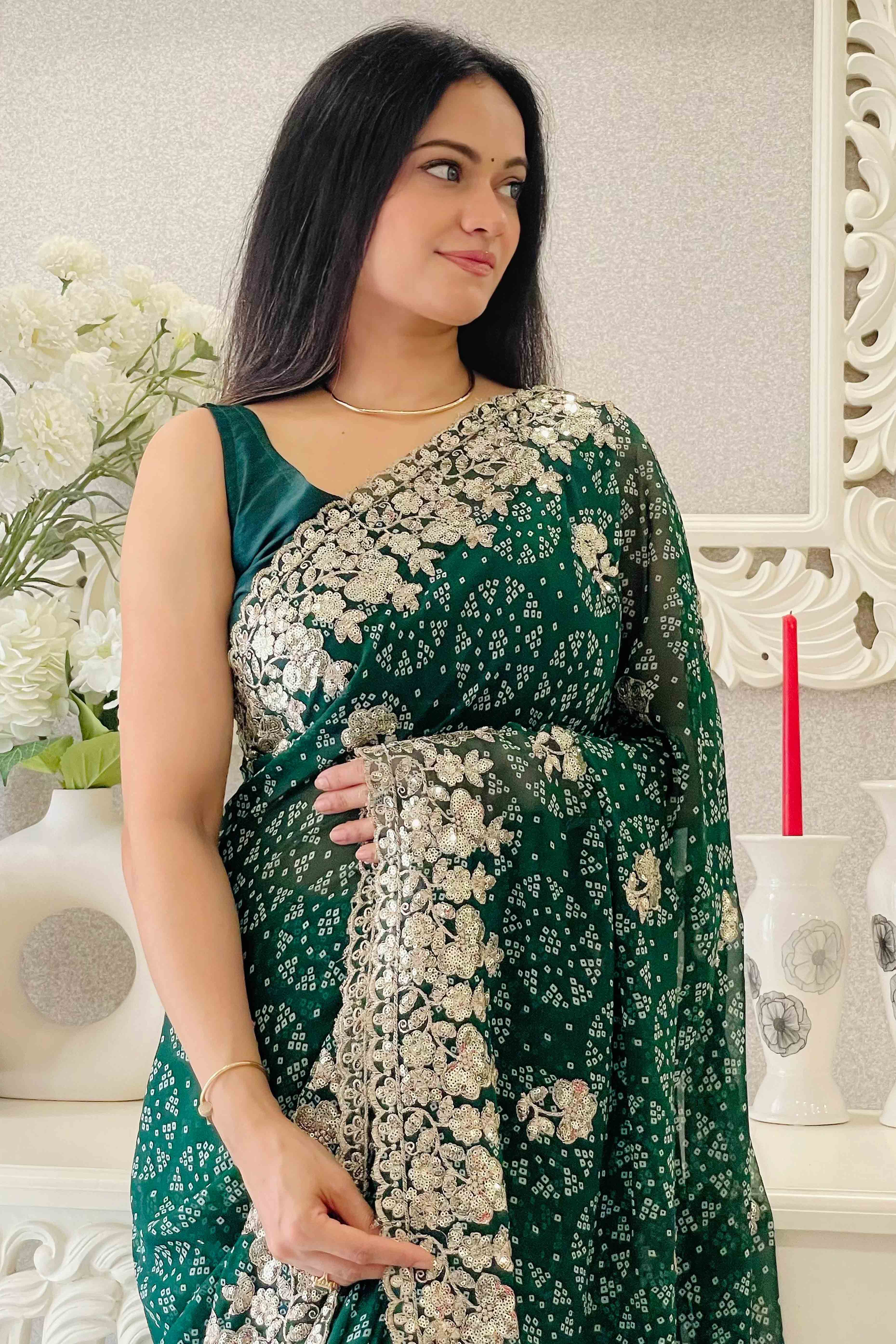 Green Bandhani Printed Georgette Saree With Dazzling Floral Sequin Embroidery