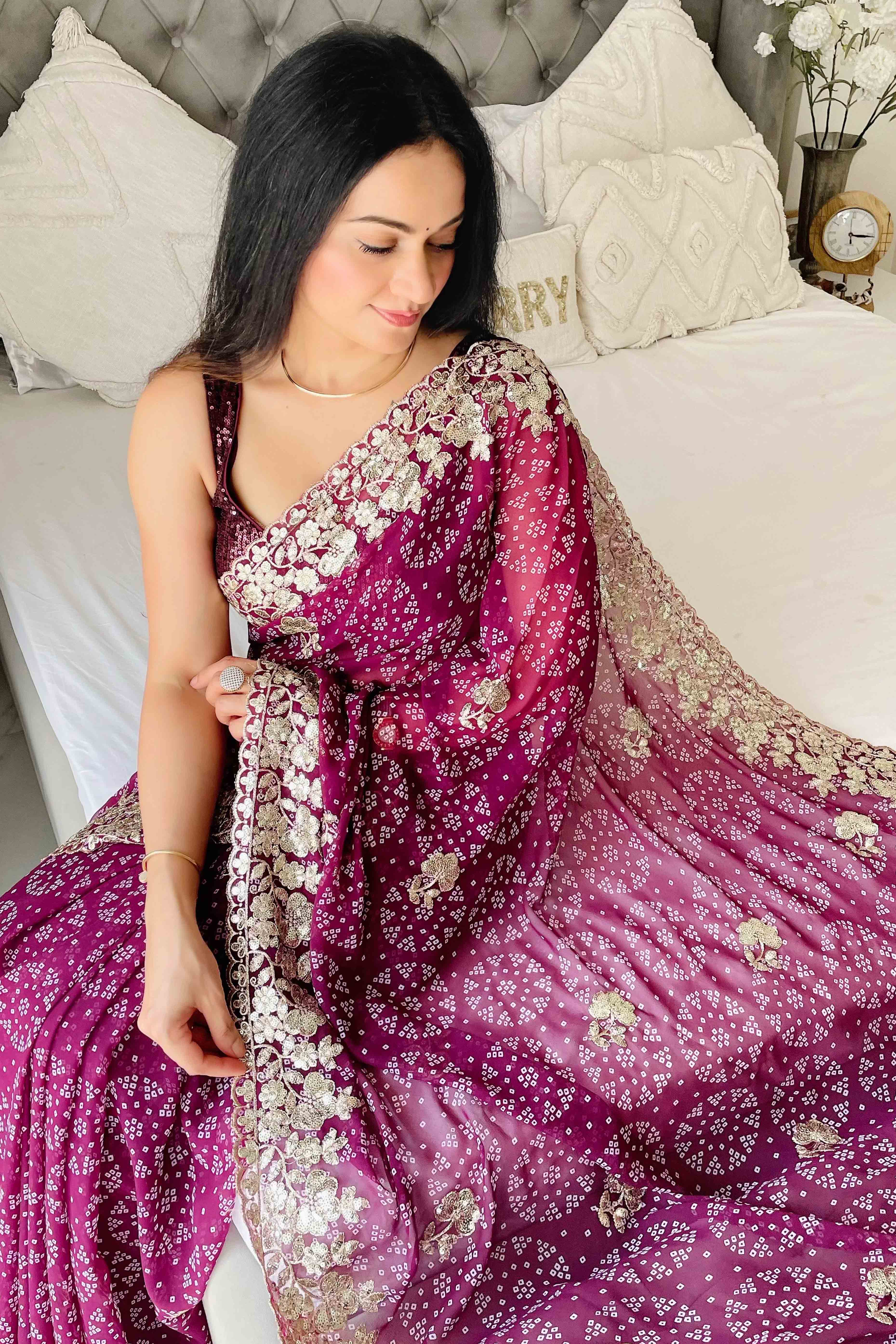 Deep Magenta Bandhani Printed Georgette Saree With Dazzling Floral Sequin Embroidery
