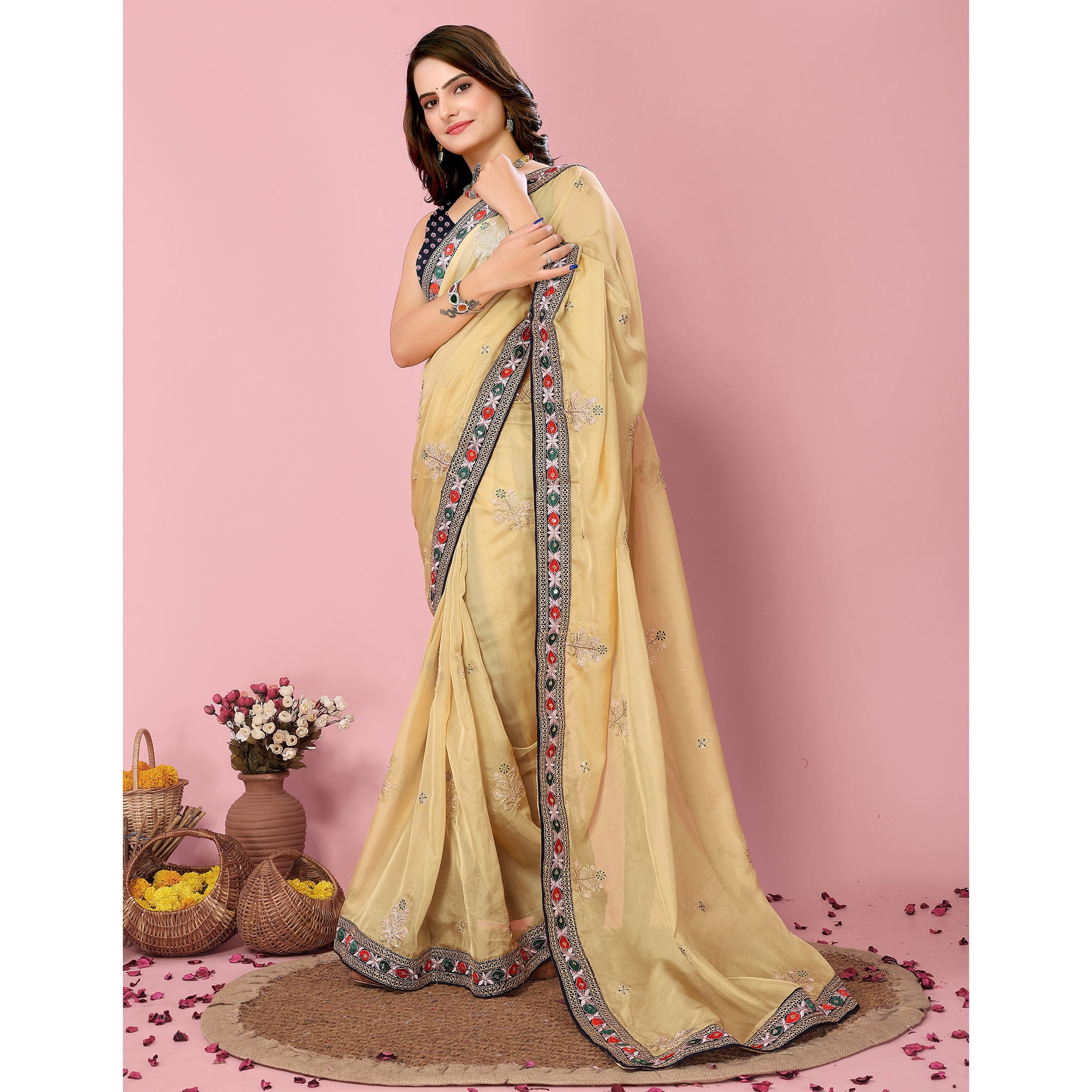 Yellow Floral Sequins Embroidered Organza Saree