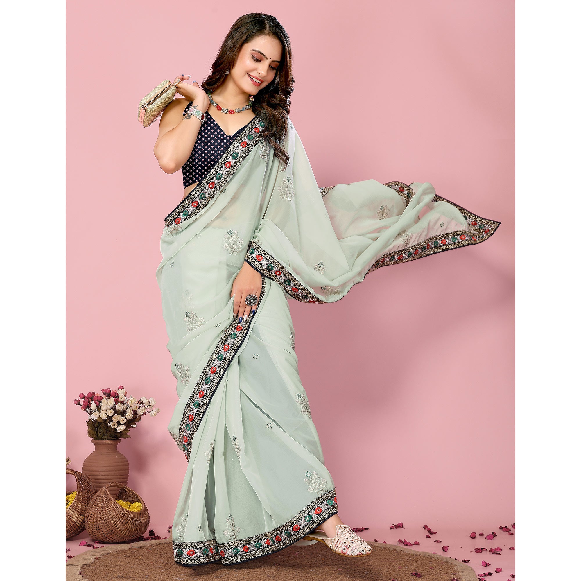 Sea Green Floral Sequins Embroidered Organza Saree
