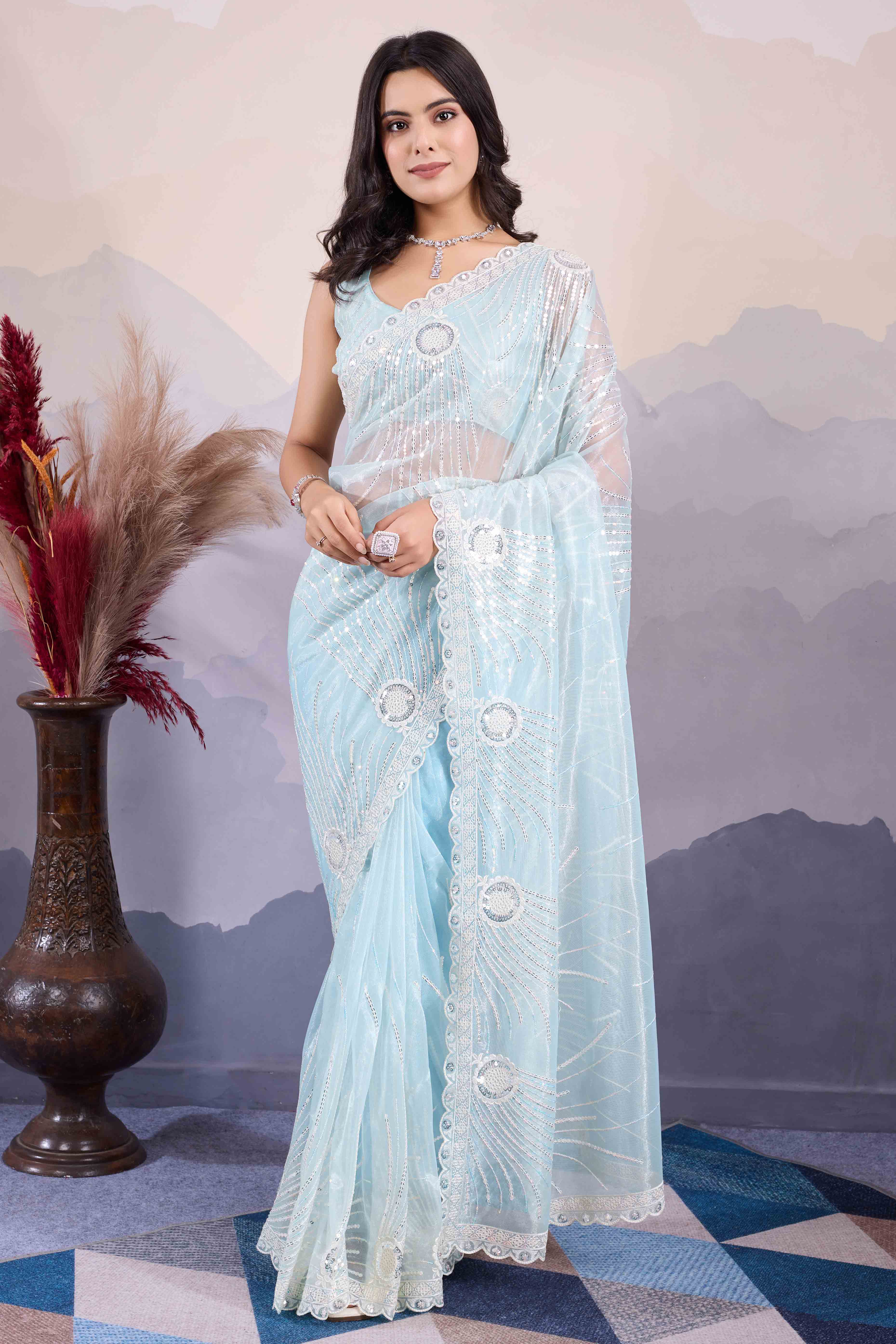 Blue Sequins Embroidered Twill Net Saree