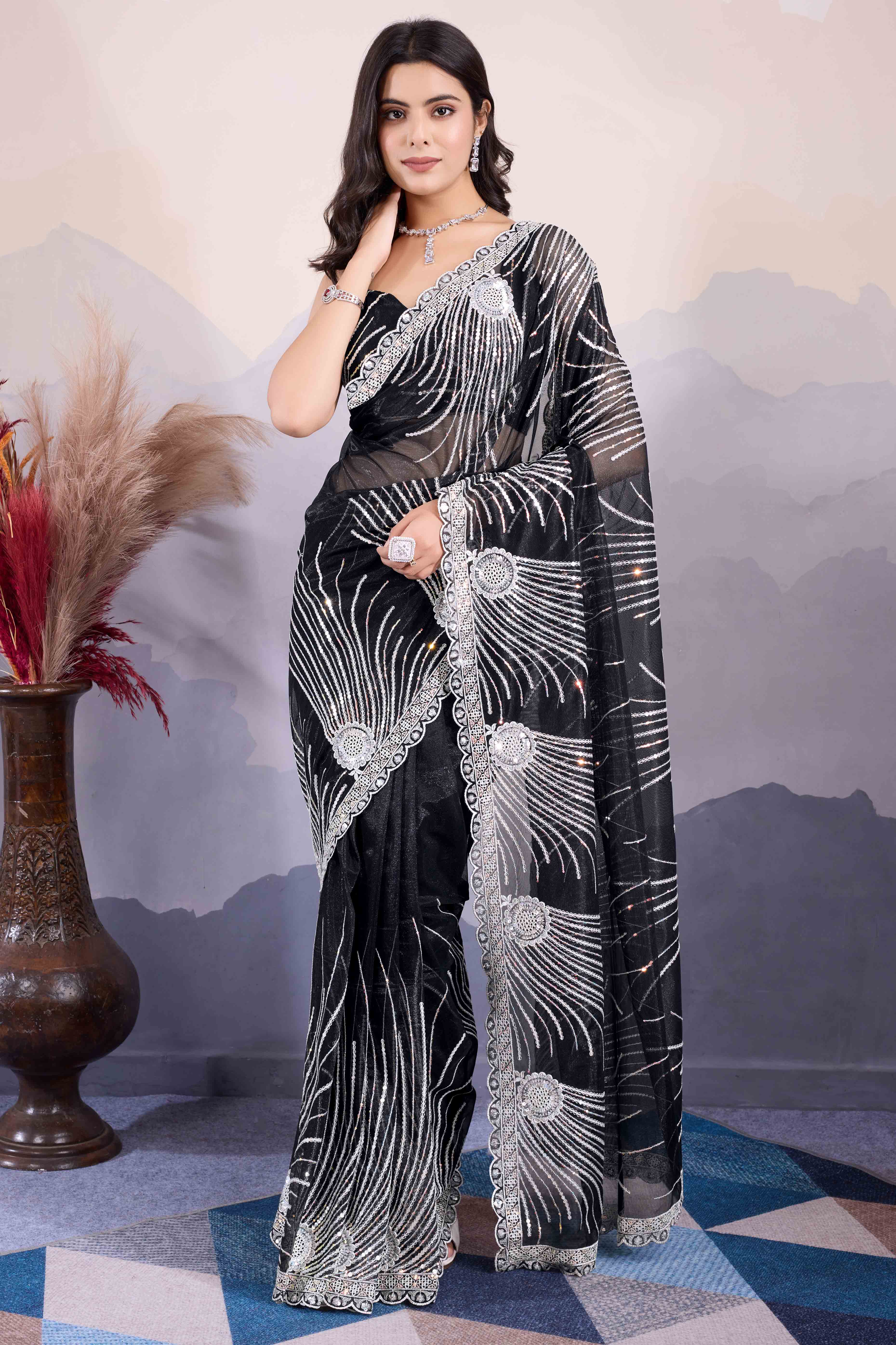 Black Sequins Embroidered Twill Net Saree