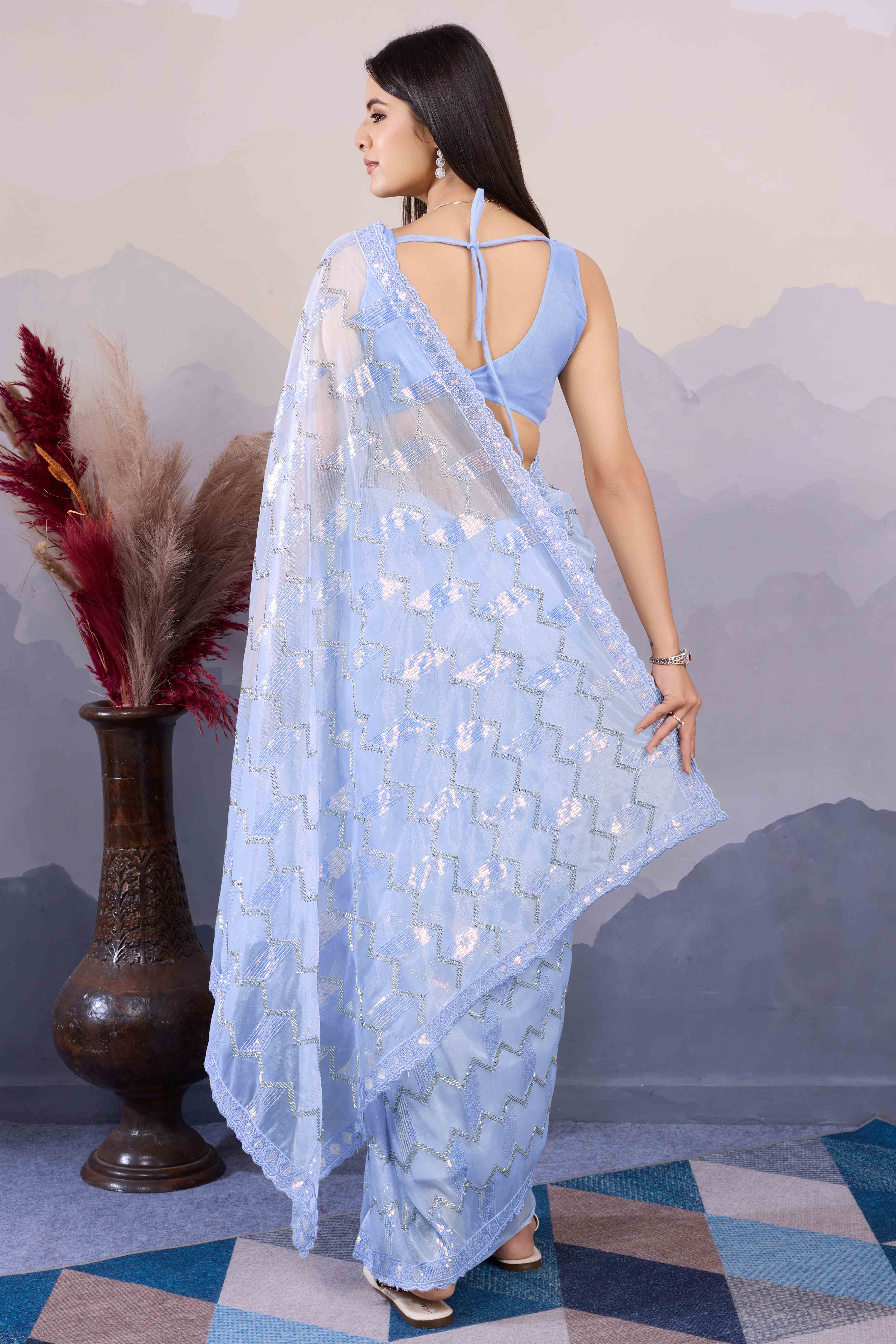 Blue Sequins Embroidered Twill Net Saree