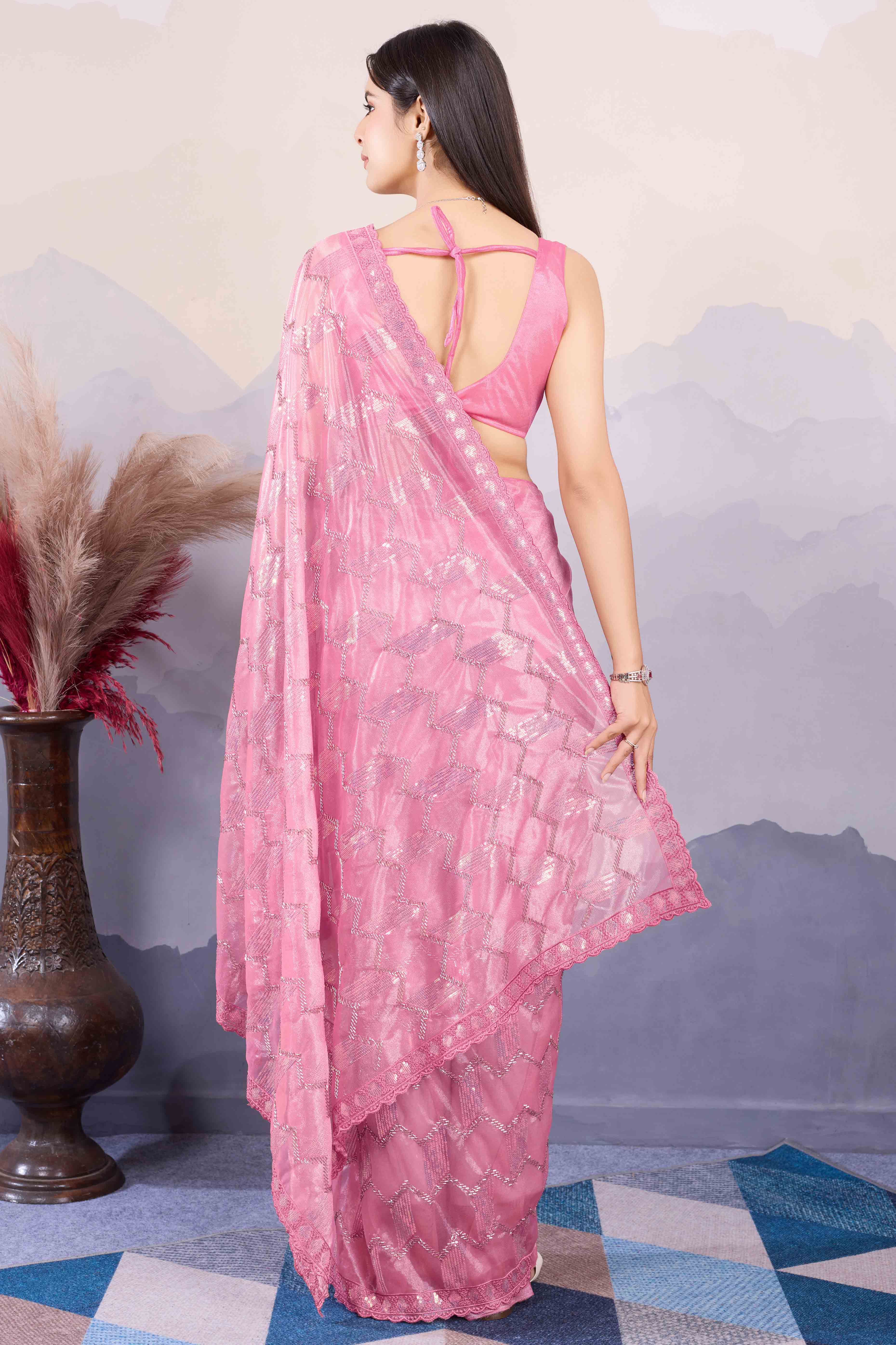 Onion Pink Sequins Embroidered Twill Net Saree