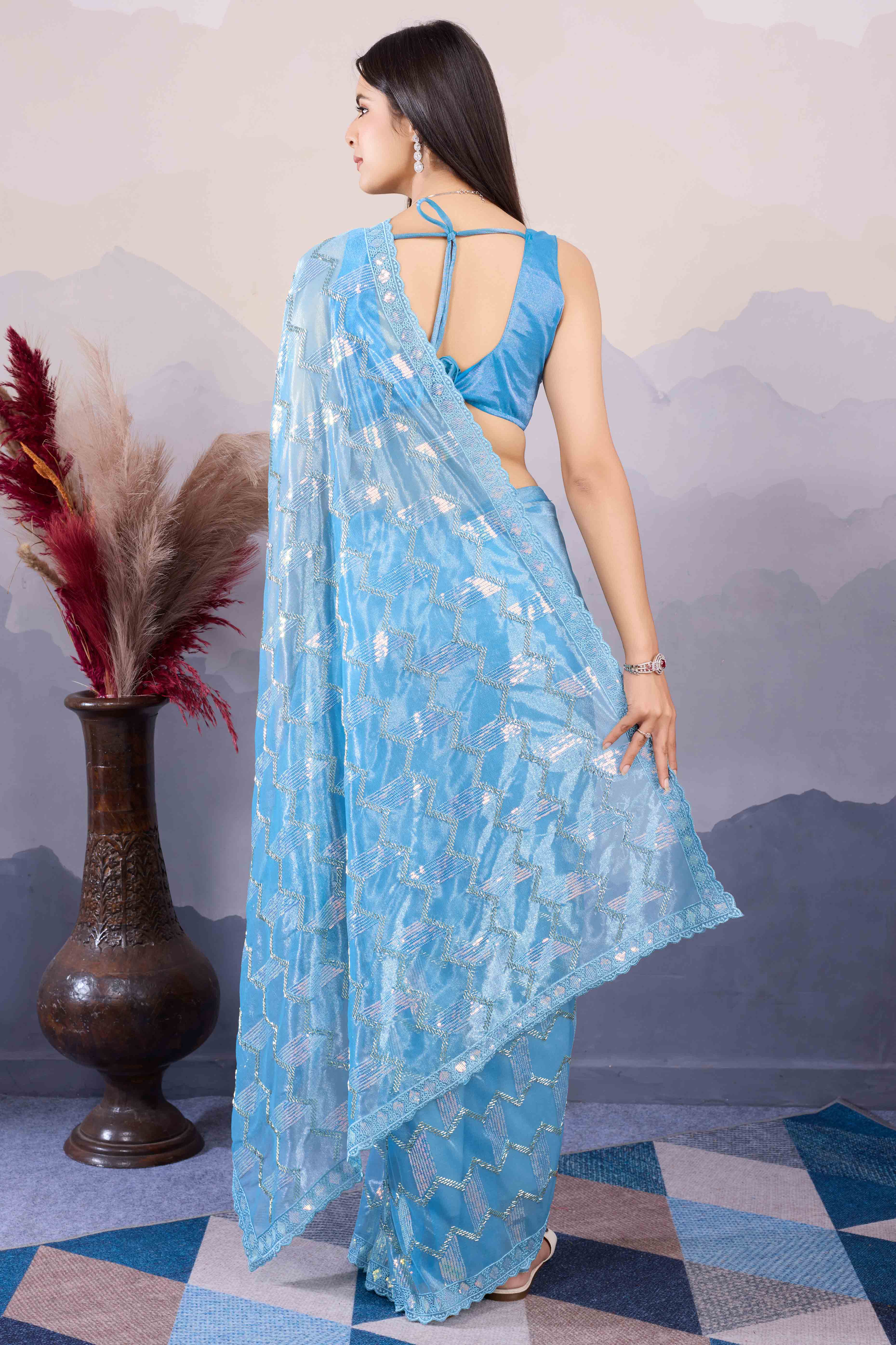 Blue Sequins Embroidered Twill Net Saree