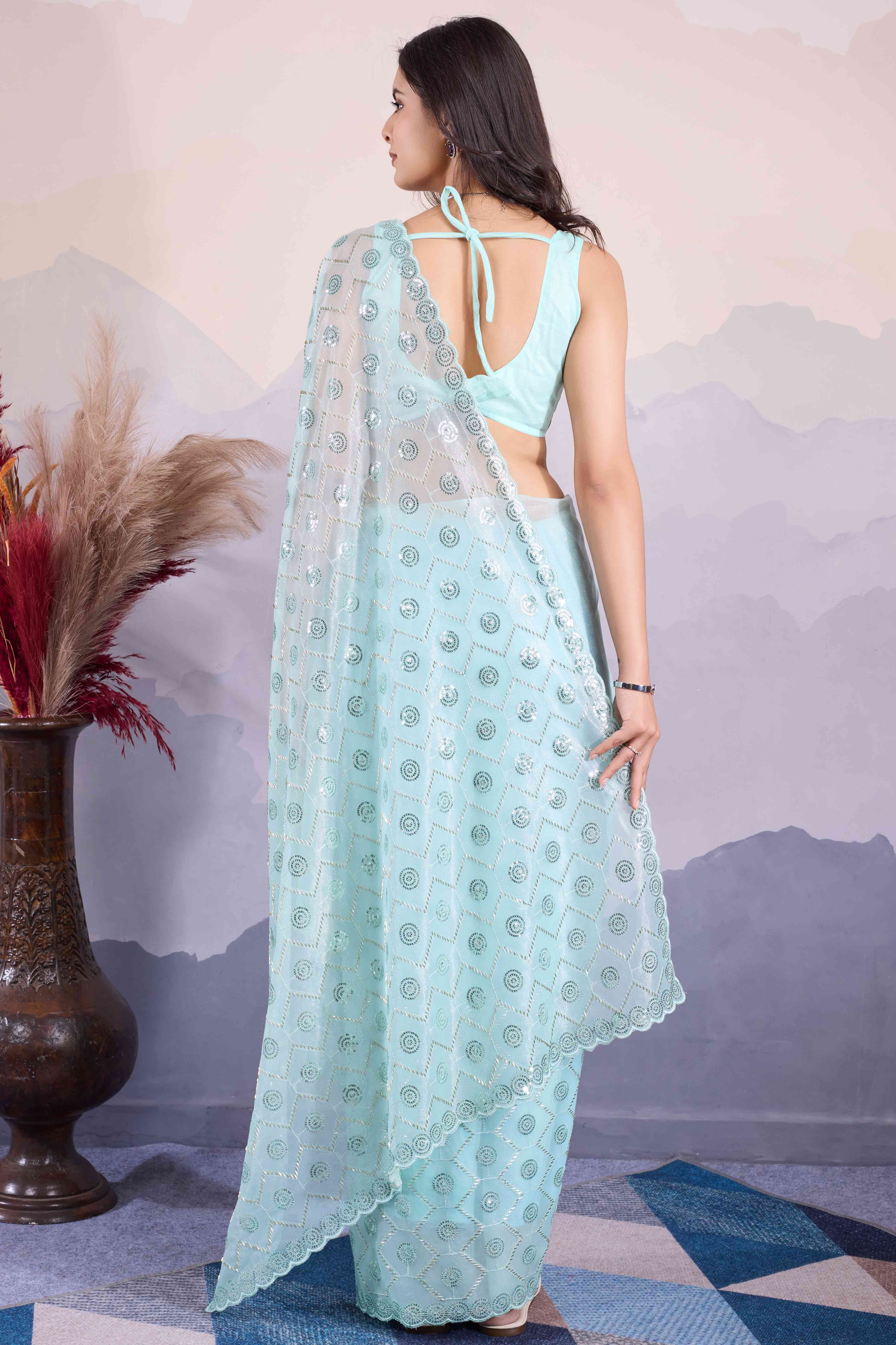 Blue Sequins Embroidered Twill Net Saree