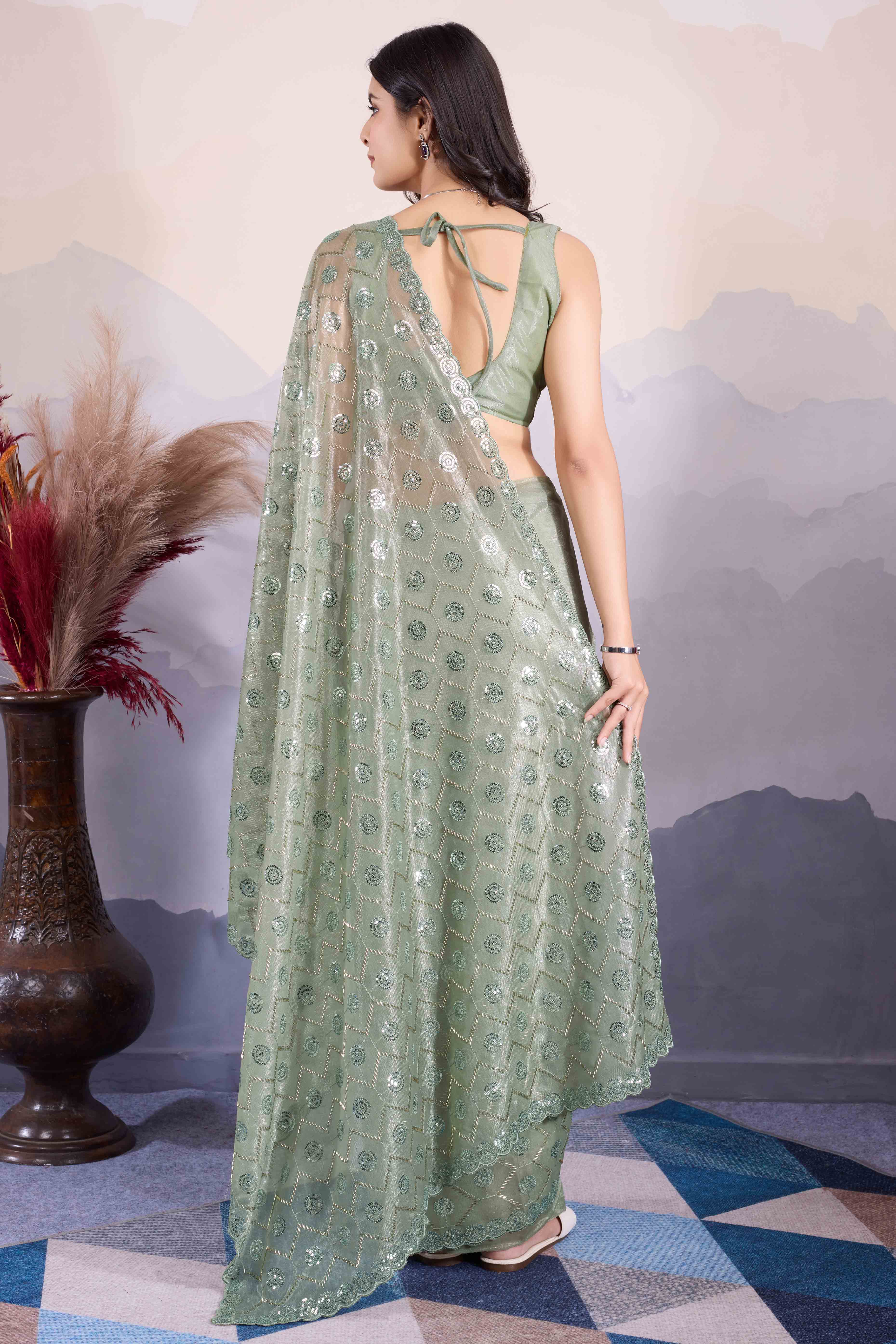 Green Sequins Embroidered Twill Net Saree