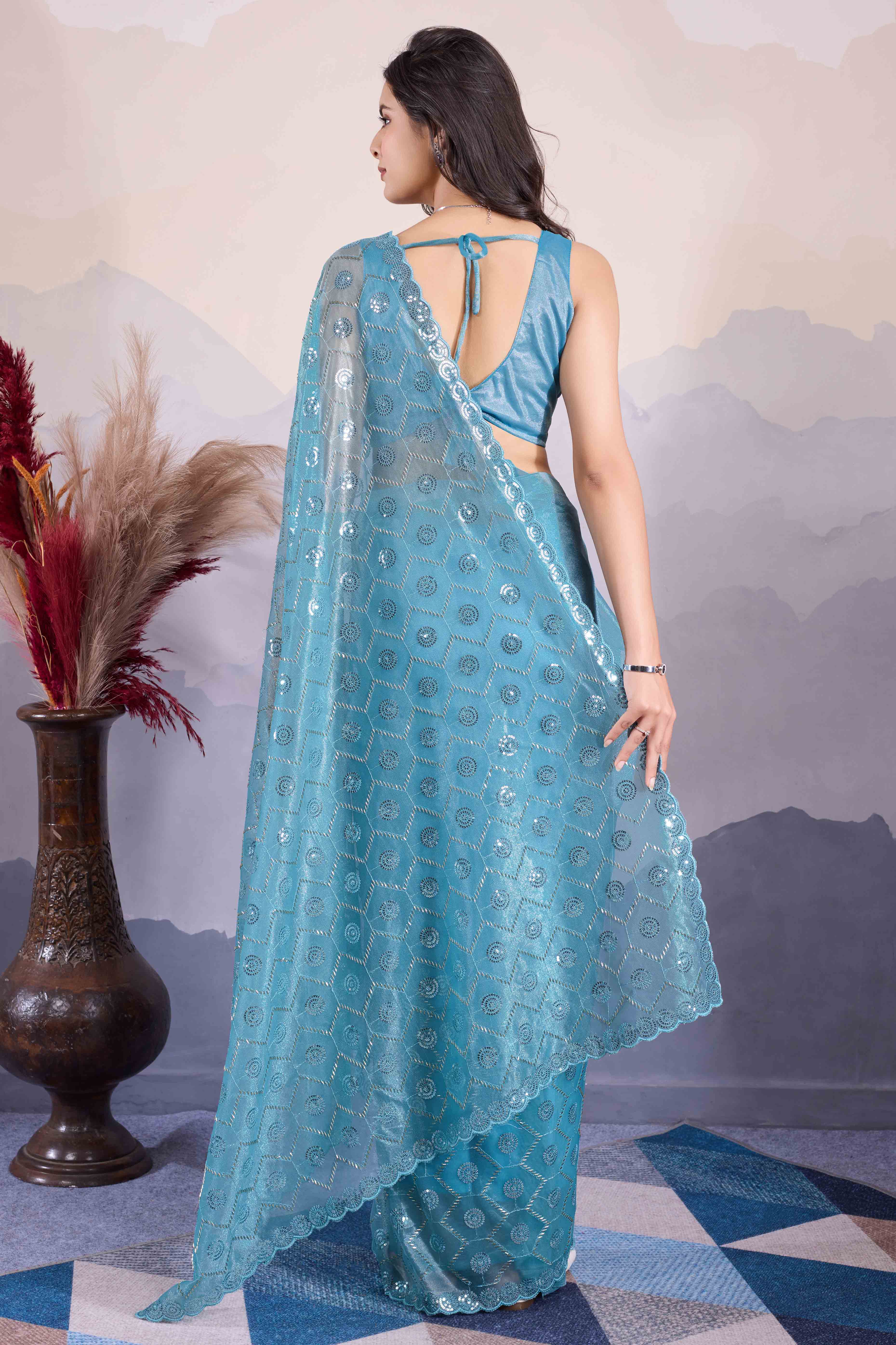 Blue Sequins Embroidered Twill Net Saree