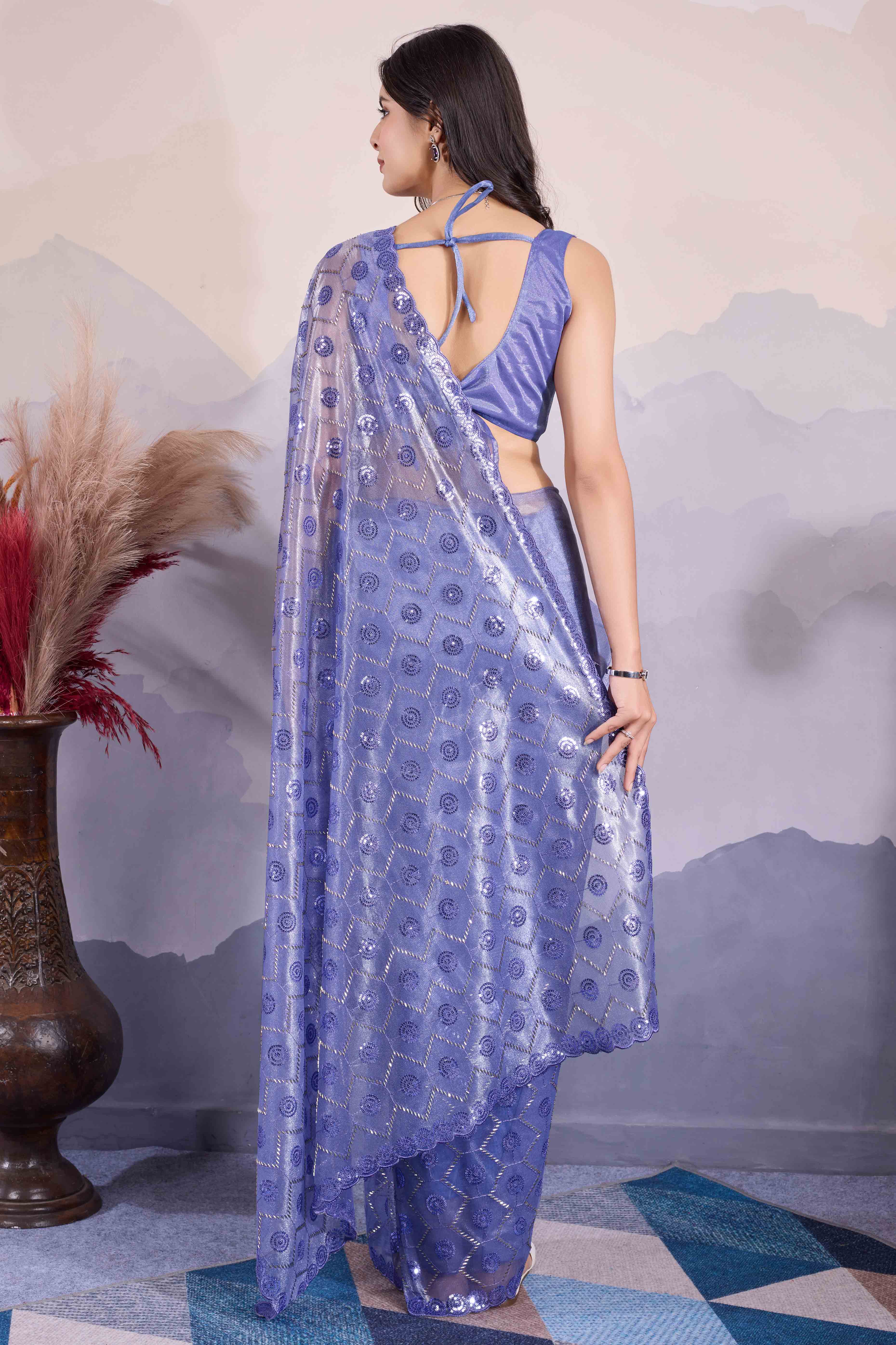 Light Slate Blue Sequins Embroidered Twill Net Saree