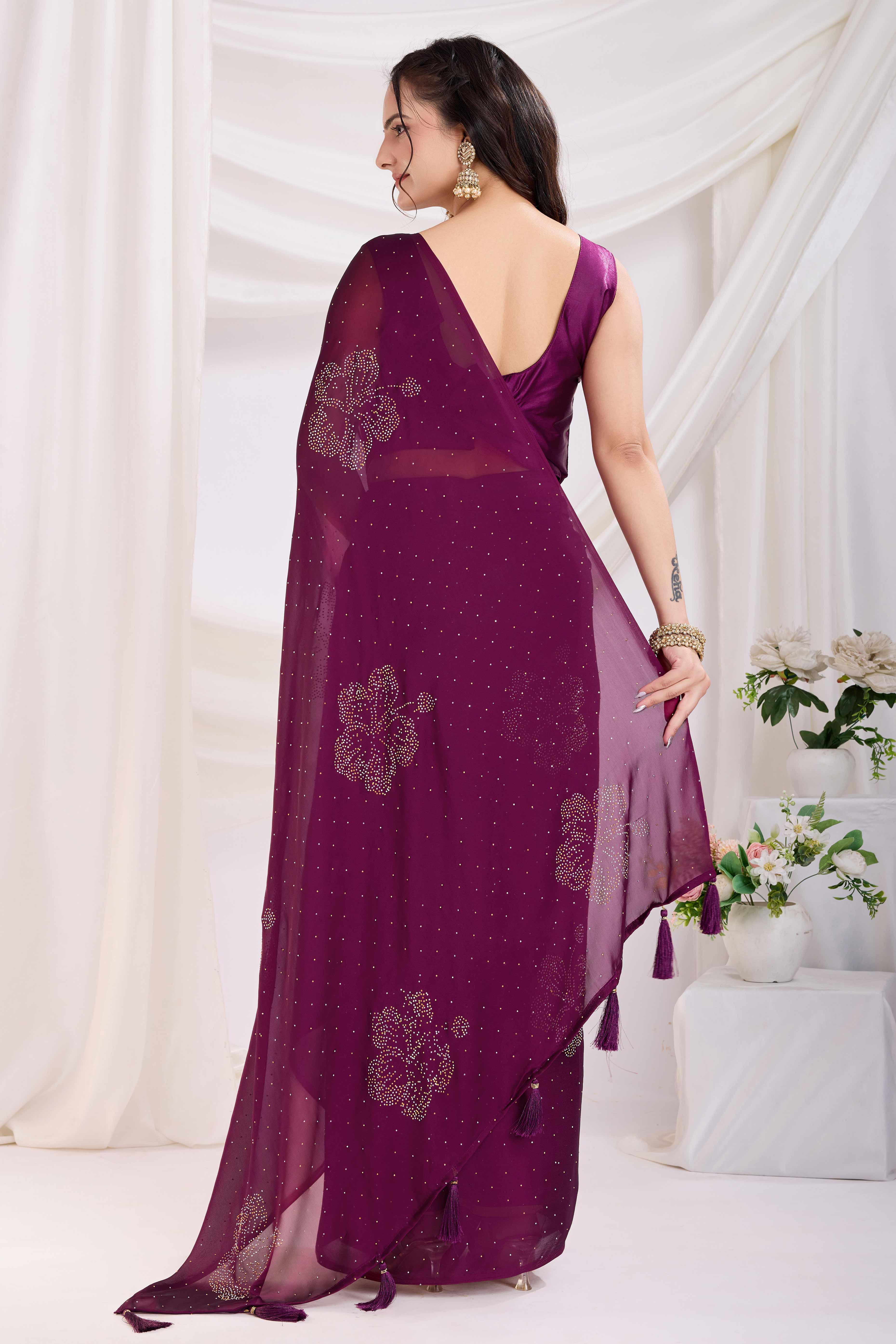 Purple Floral Swarovski Work Rangoli Art Silk Ready To Wear Saree