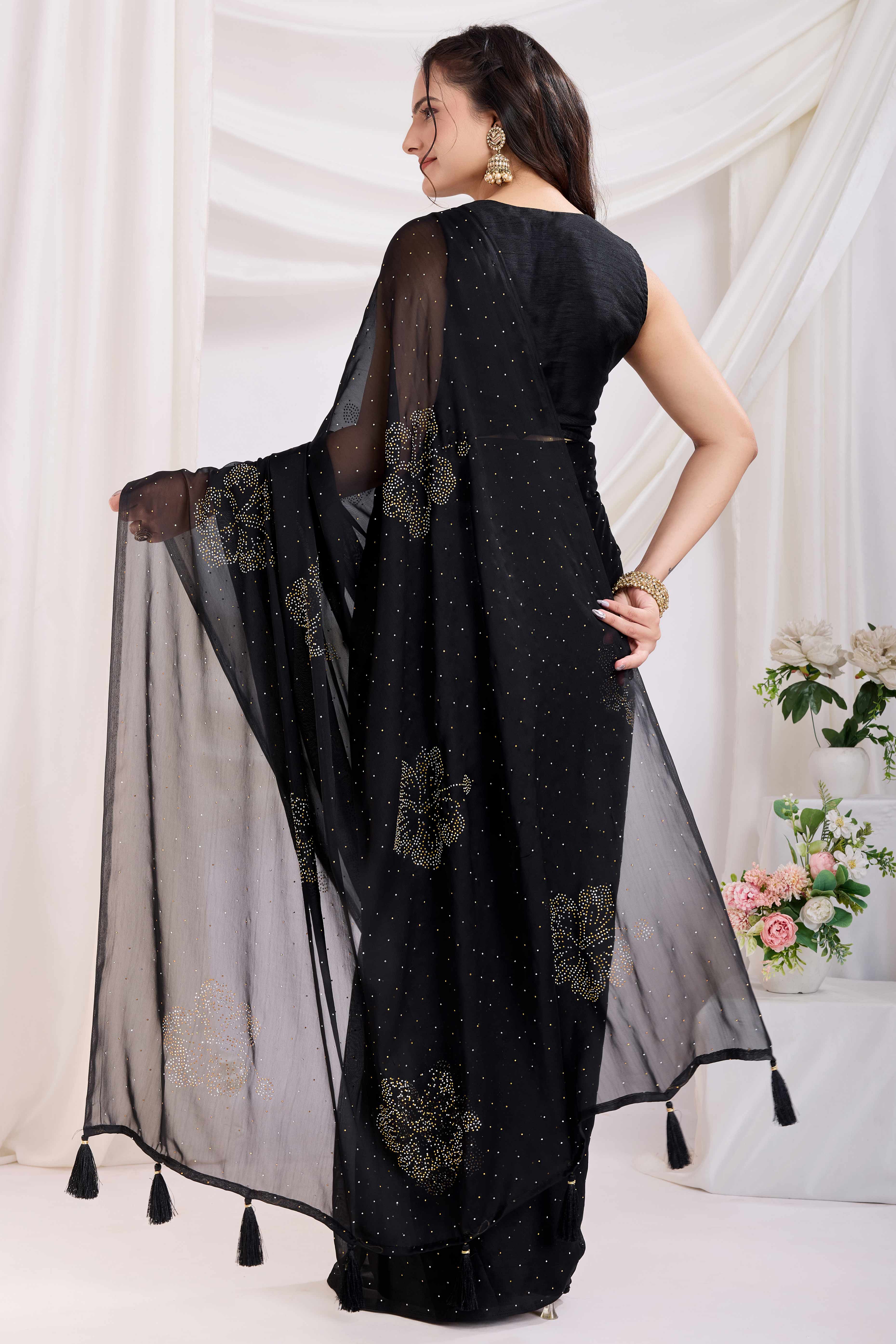 Black Floral Swarovski Work Rangoli Art Silk Ready To Wear Saree