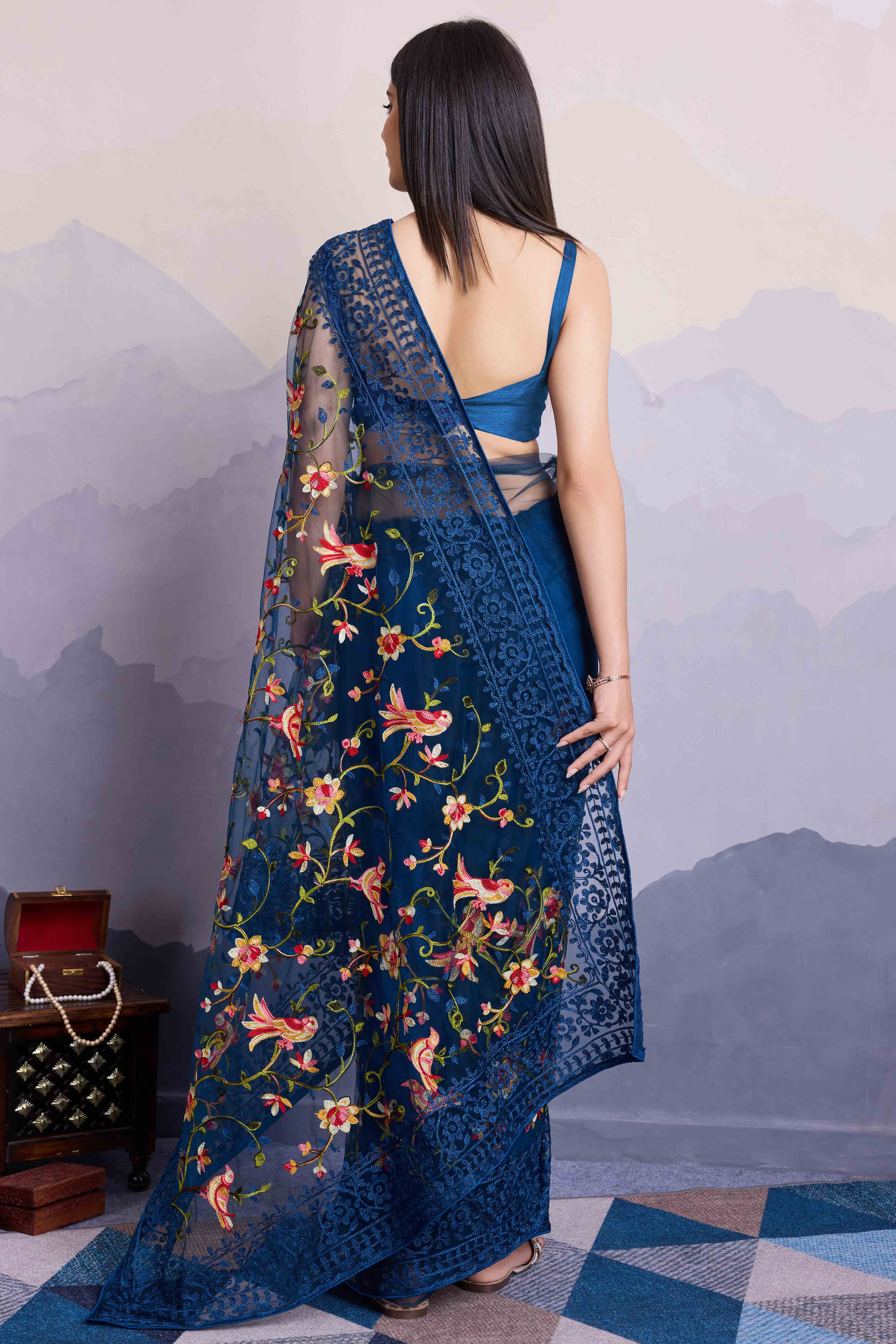 Navy Blue Floral Embroidered Net Saree