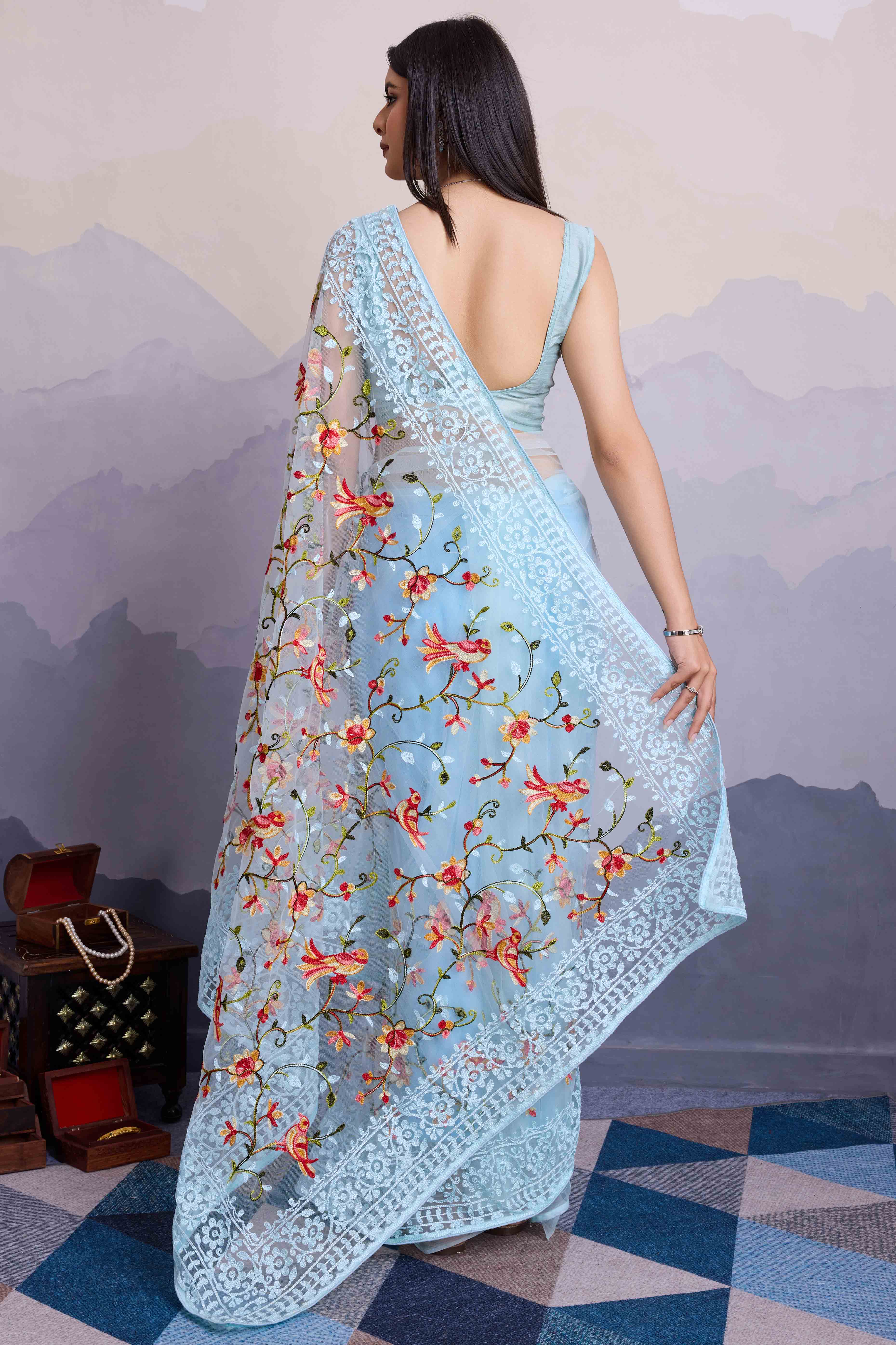 Sky Blue Floral Embroidered Net Saree
