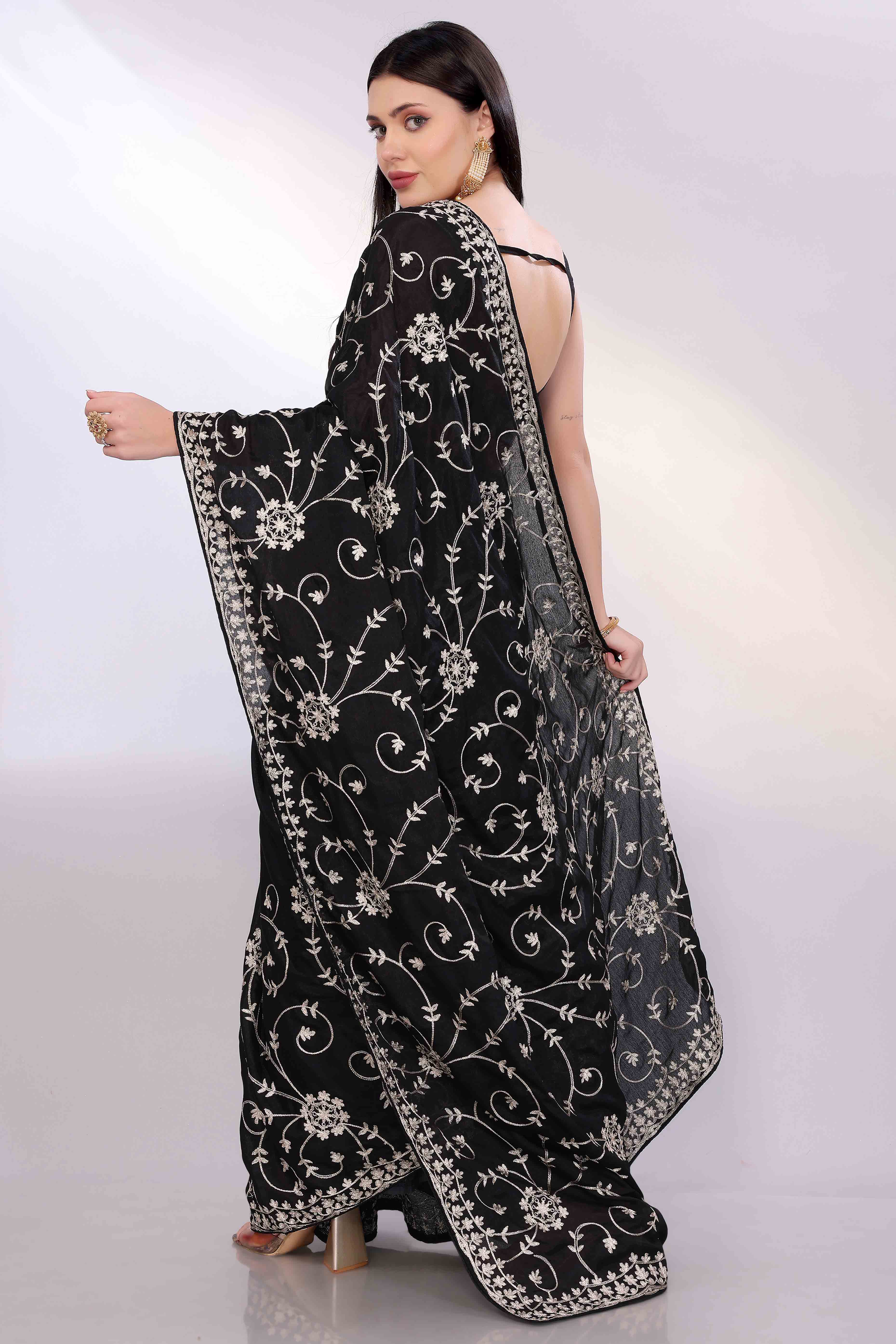 Black Chinon Silk Saree Adorned With Fine Floral Thread Work