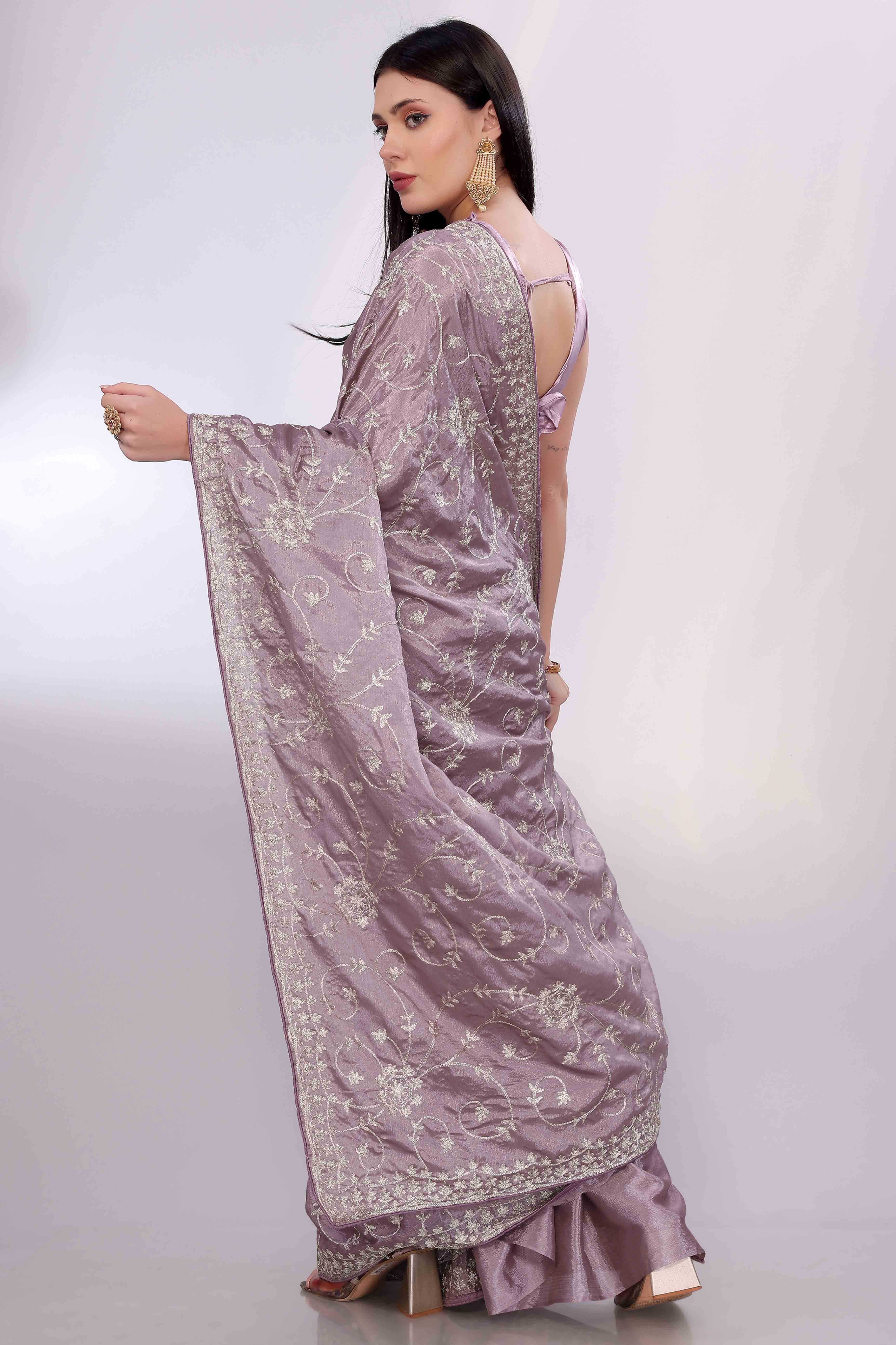 Lavender Chinon Silk Saree Adorned With Fine Floral Thread Work