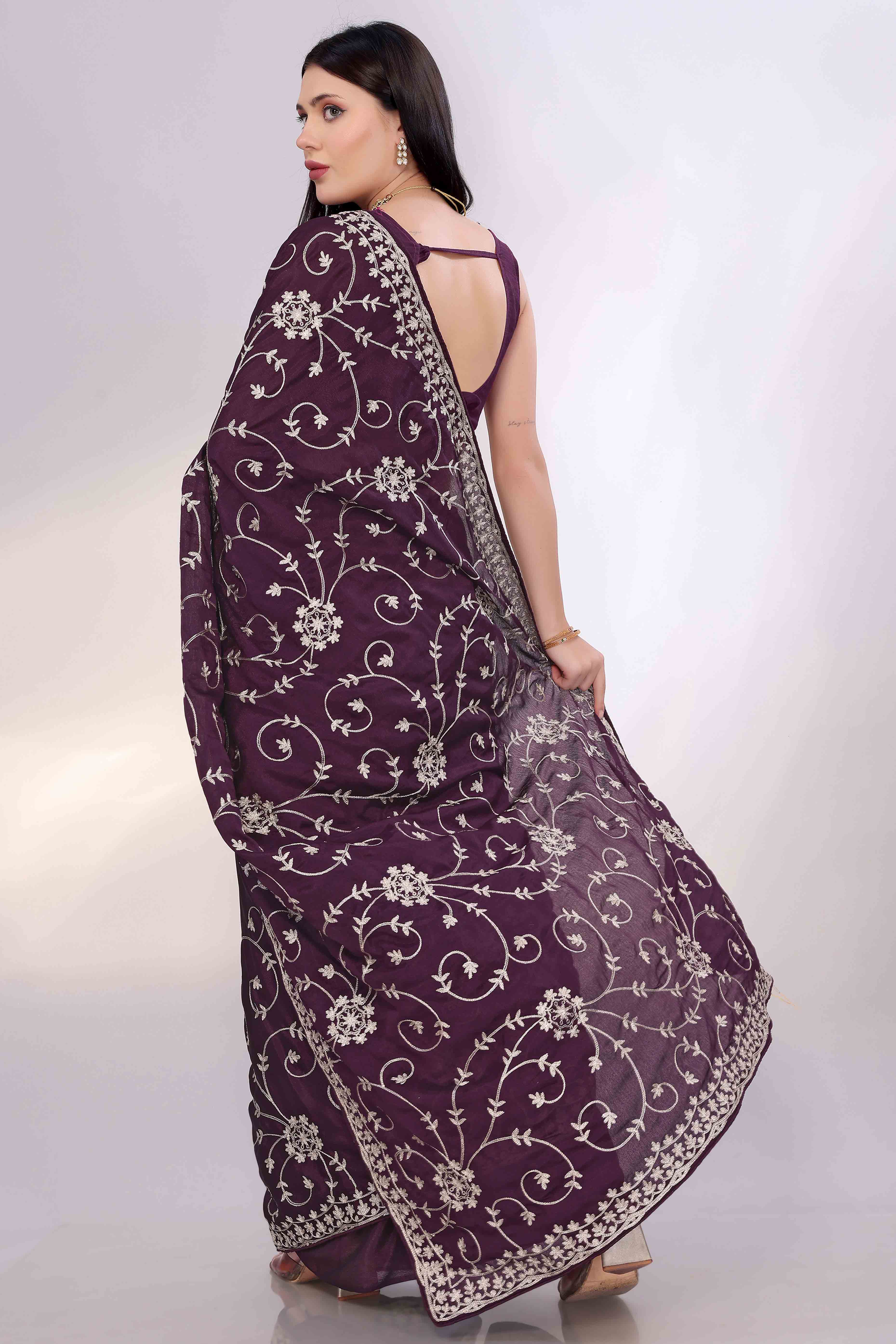 Wine Chinon Silk Saree Adorned With Fine Floral Thread Work