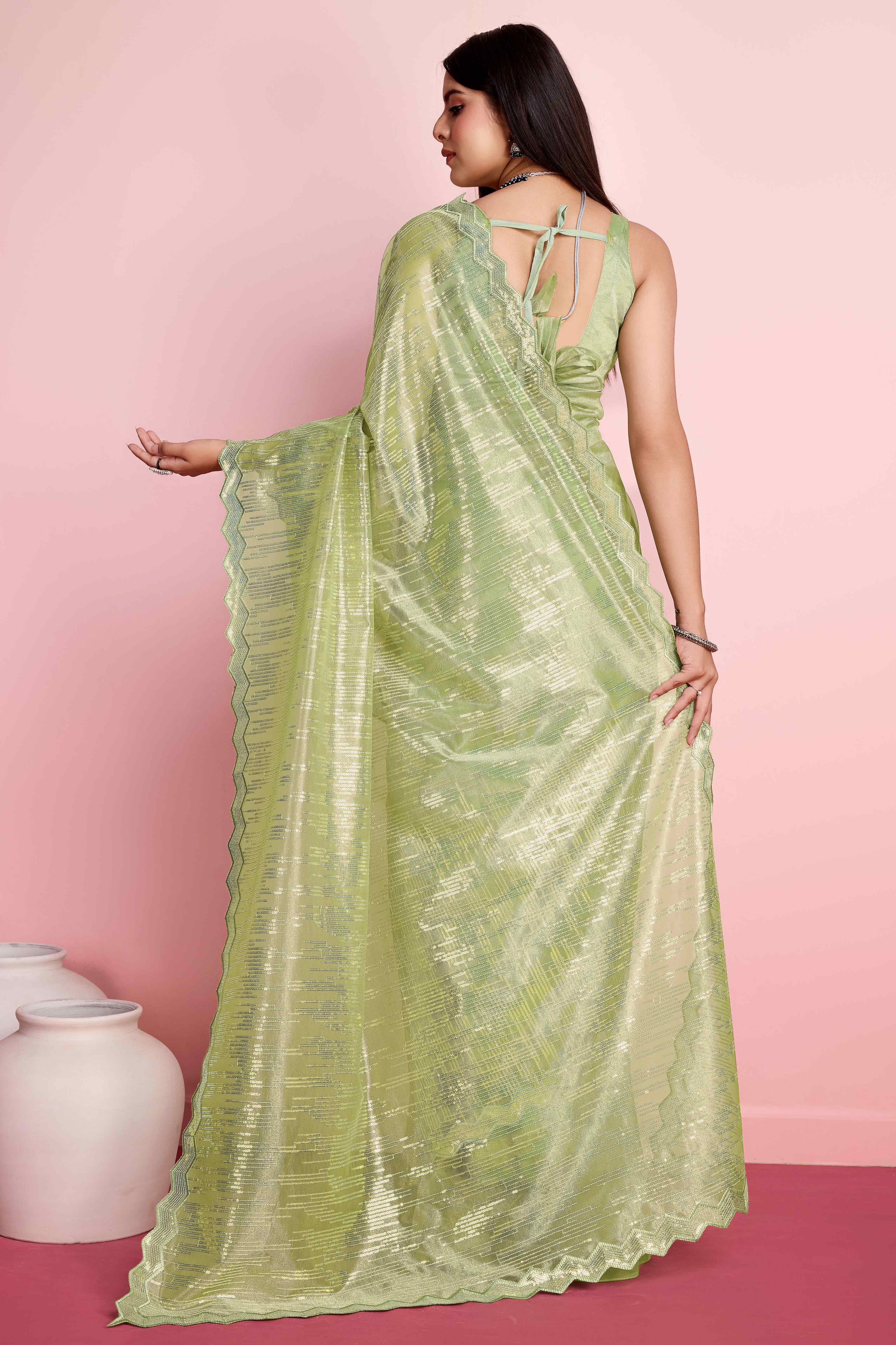 Green Sequins Embroidered Silver Twill Net Saree