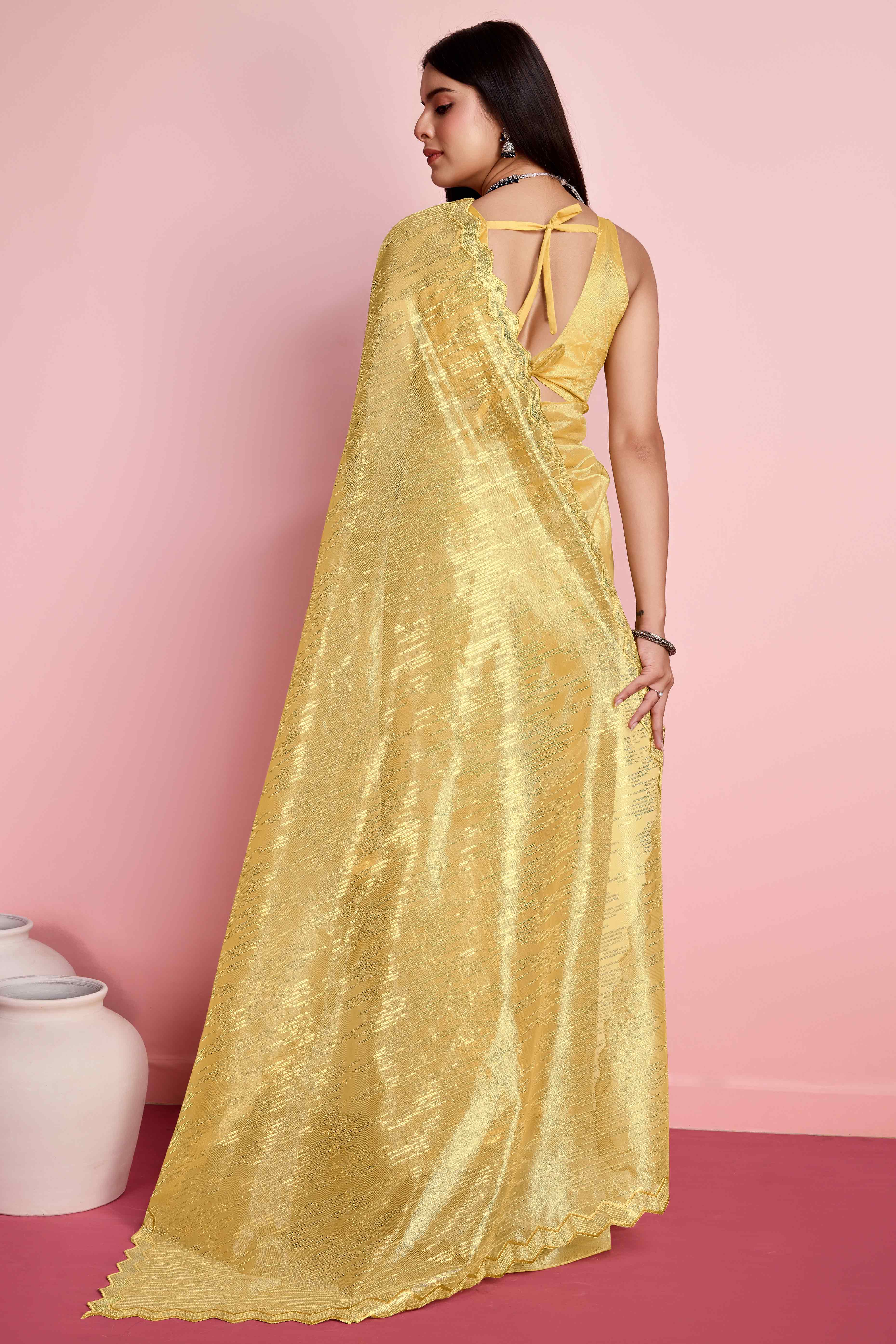 Yellow Sequins Embroidered Silver Twill Net Saree
