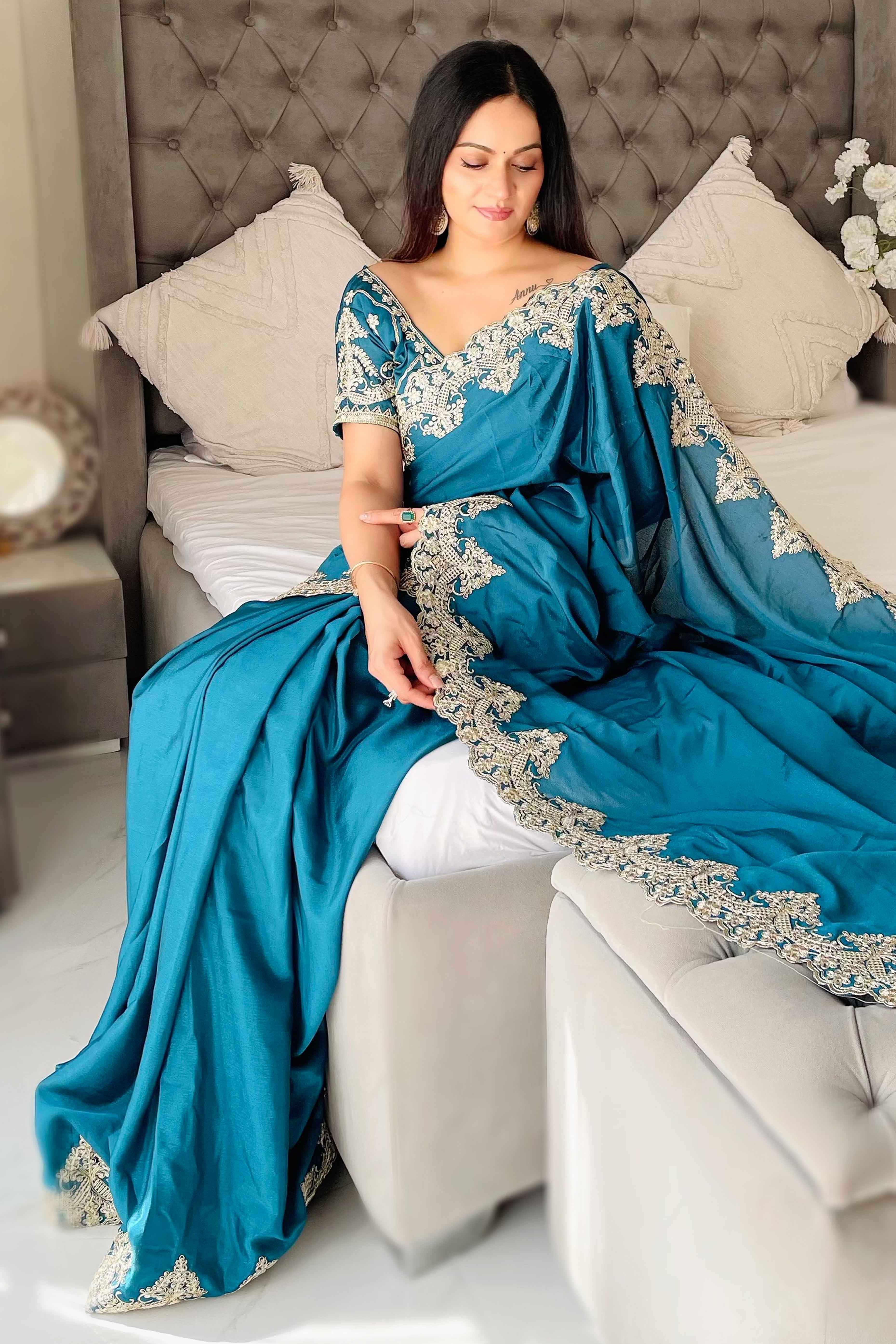 Blue Chinon Silk Blend Saree With Intricate Sequins & Cording Embroidery