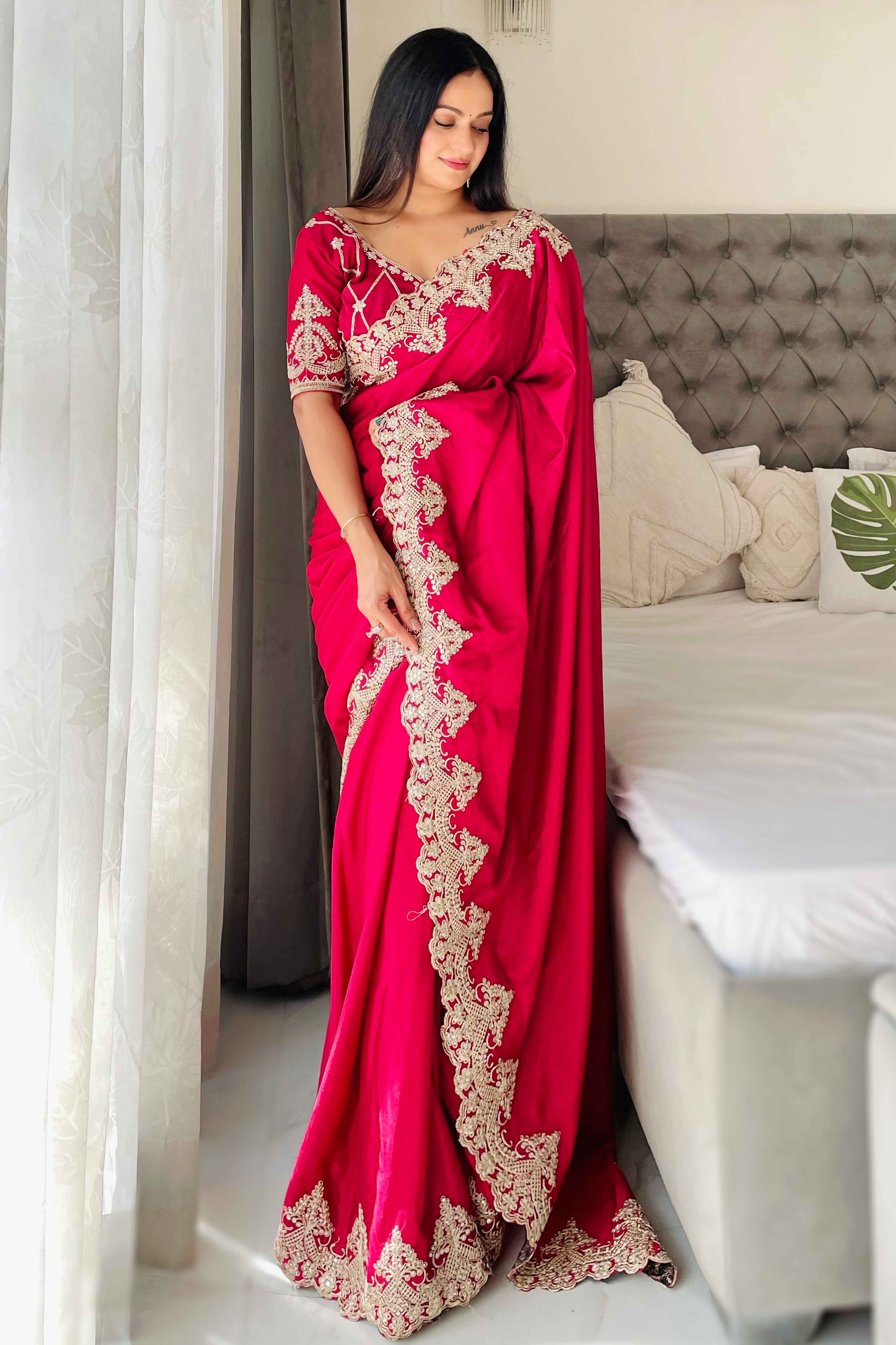 Pink Chinon Silk Blend Saree With Intricate Sequins & Cording Embroidery