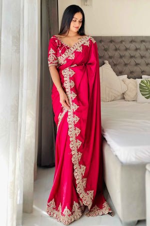 Pink Chinon Silk Blend Saree With Intricate Sequins & Cording Embroidery