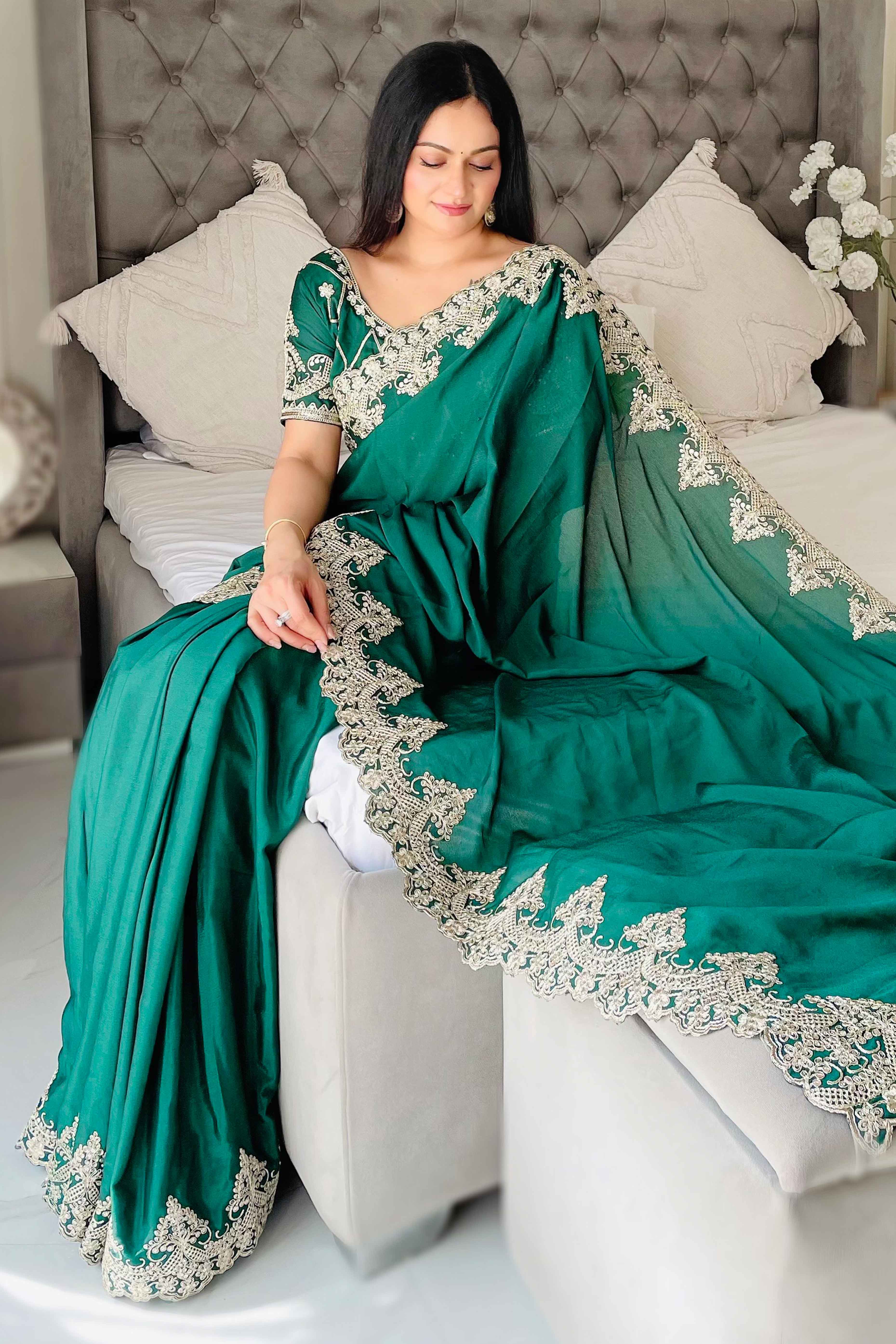 Green Chinon Silk Blend Saree With Intricate Sequins & Cording Embroidery