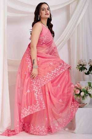 Gajari Pink Twill Net Saree Embellished With Sequin Floral Embroidery