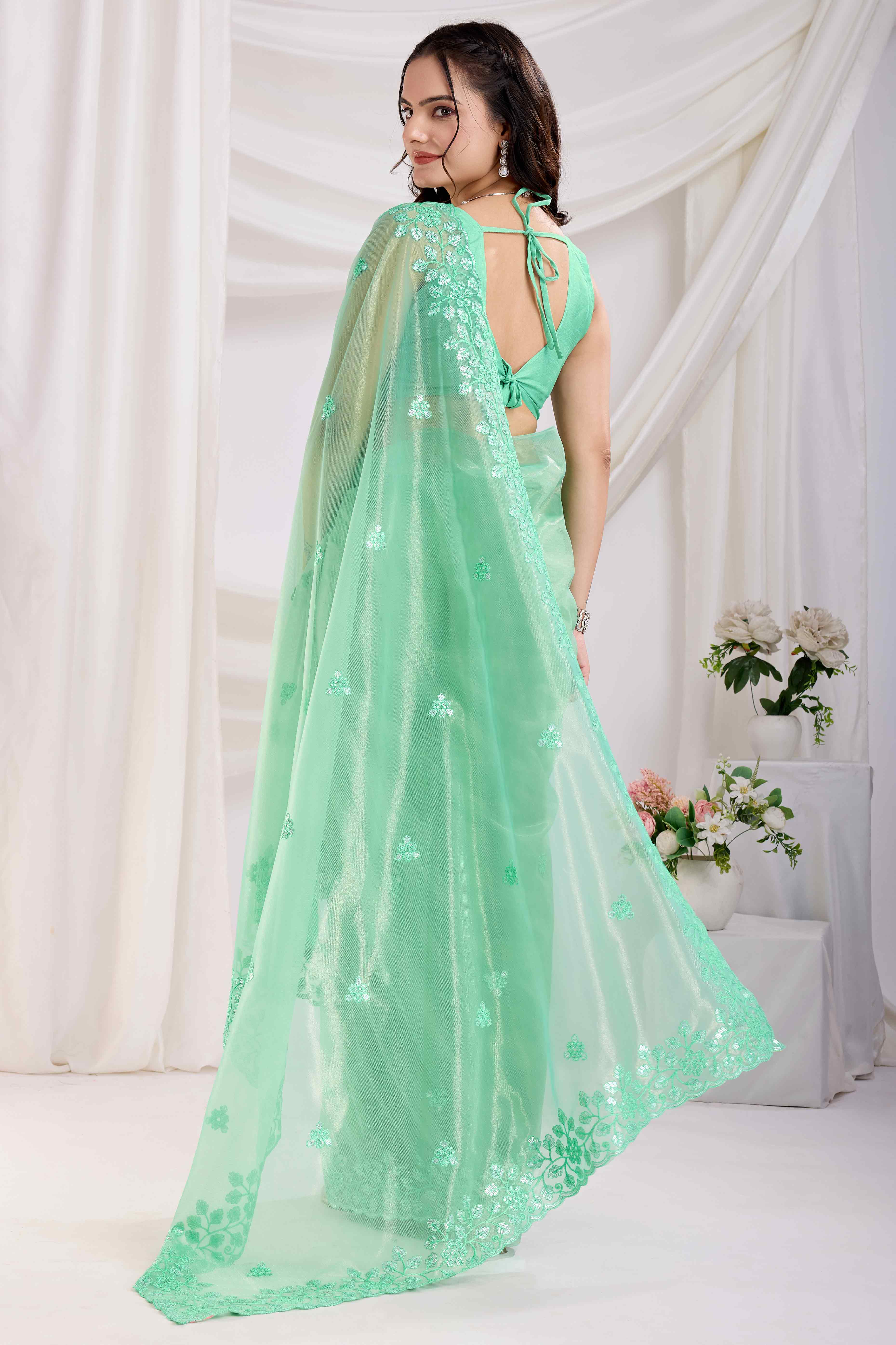 Sea Green Twill Net Saree Embellished With Sequin Floral Embroidery