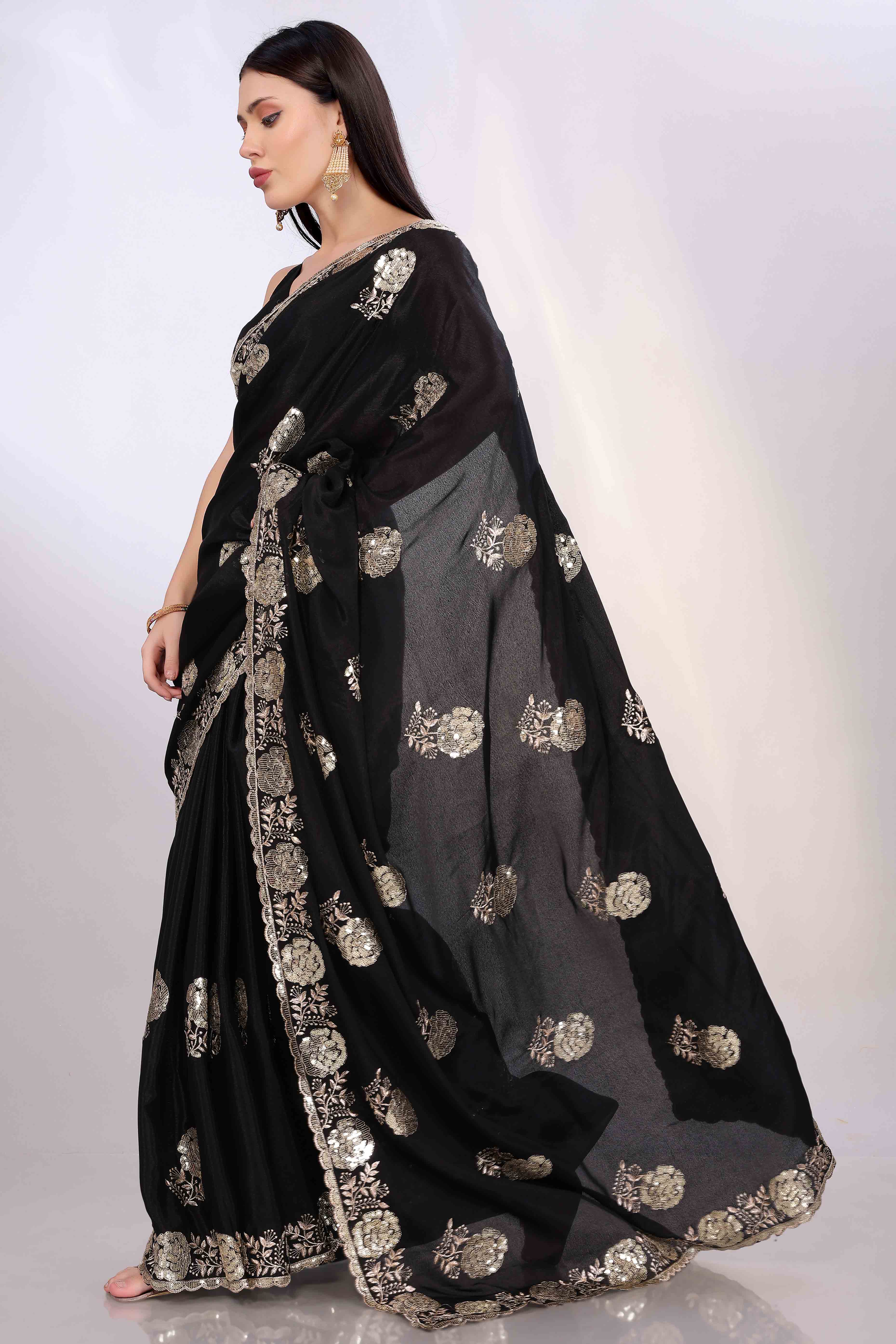 Black Saree Featuring Intricate Floral Embroidery With Sequins On Chinon Silk