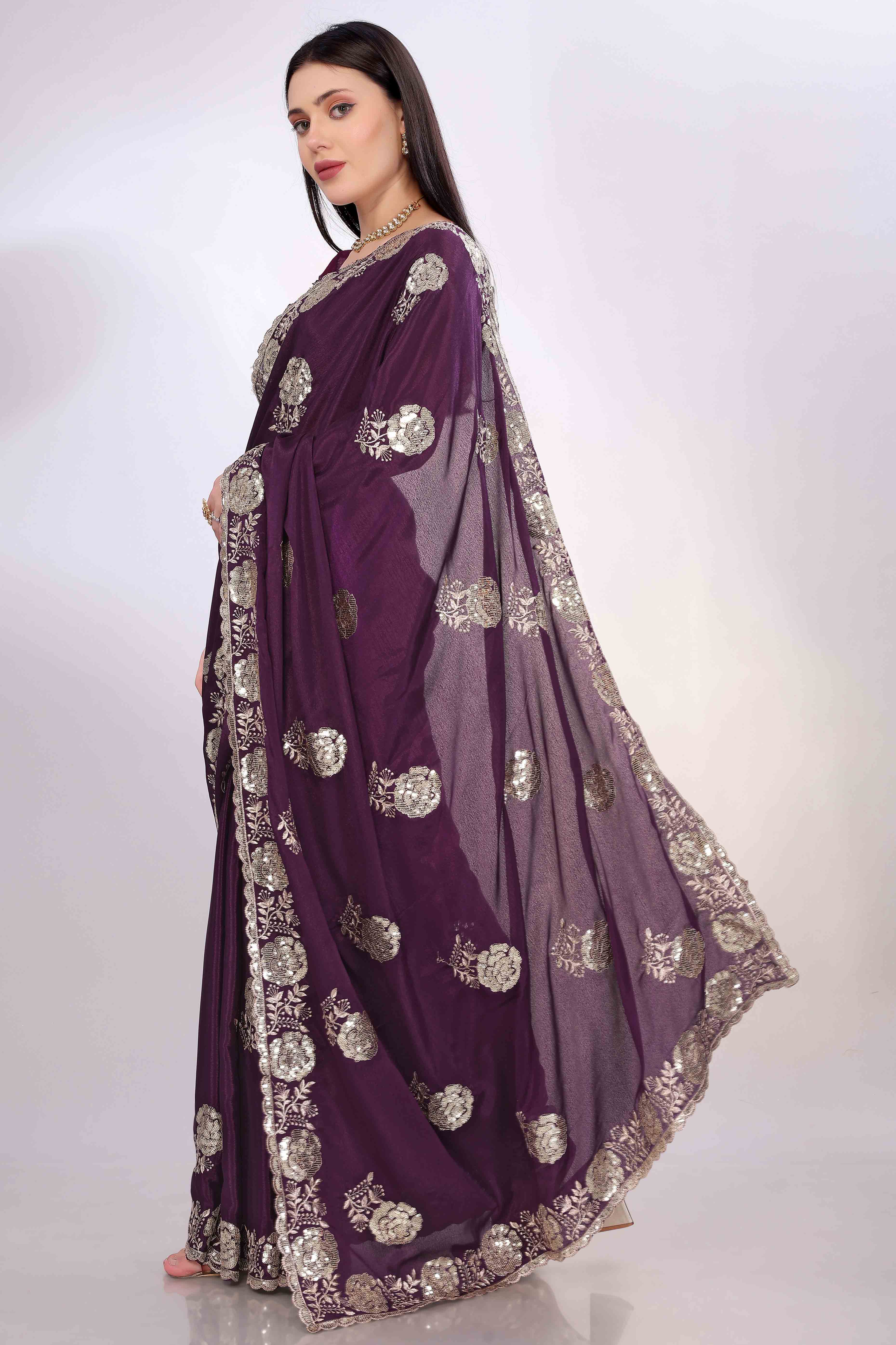 Wine Saree Featuring Intricate Floral Embroidery With Sequins On Chinon Silk