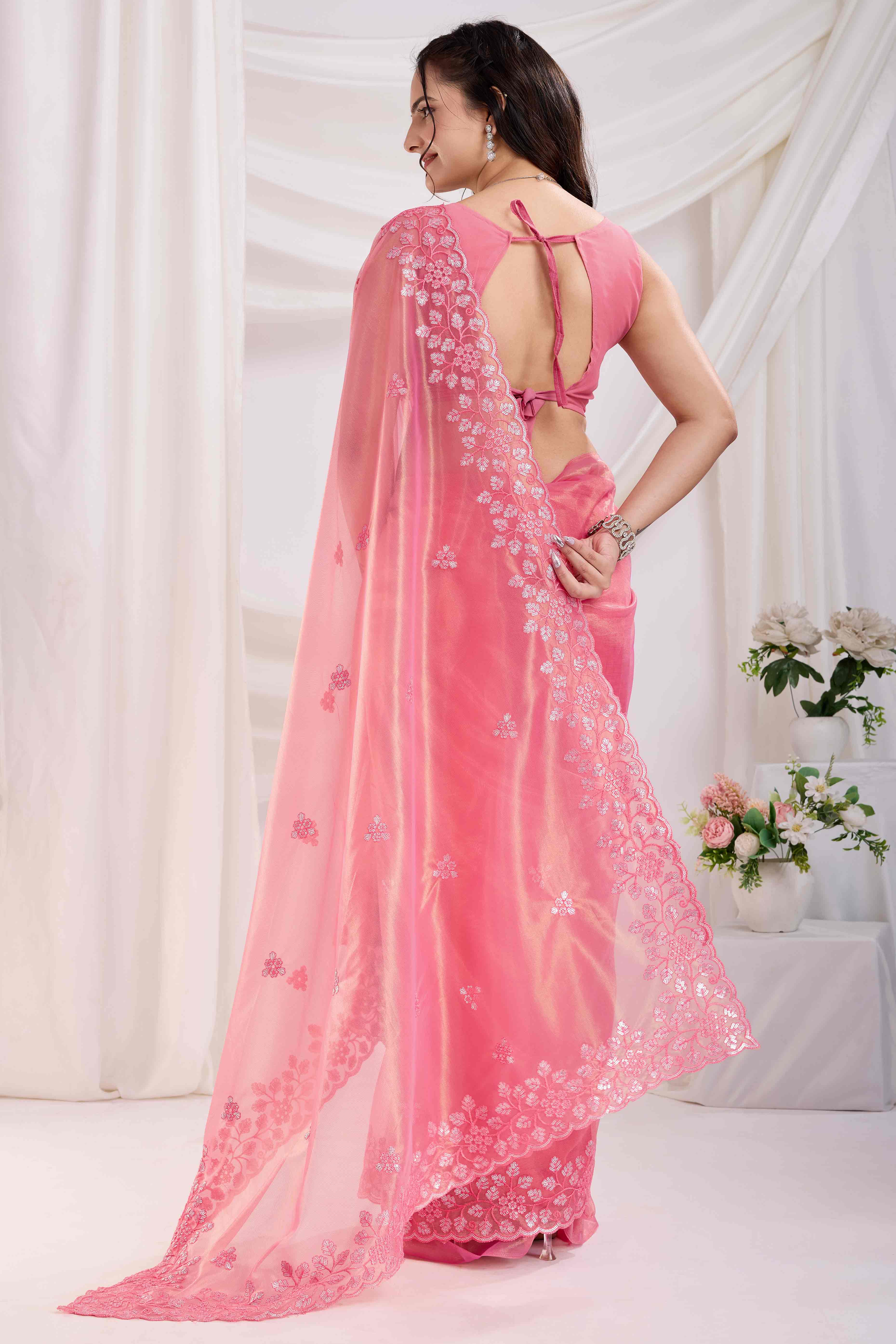 Pink Floral Sequins Embroidered Twill Net Saree