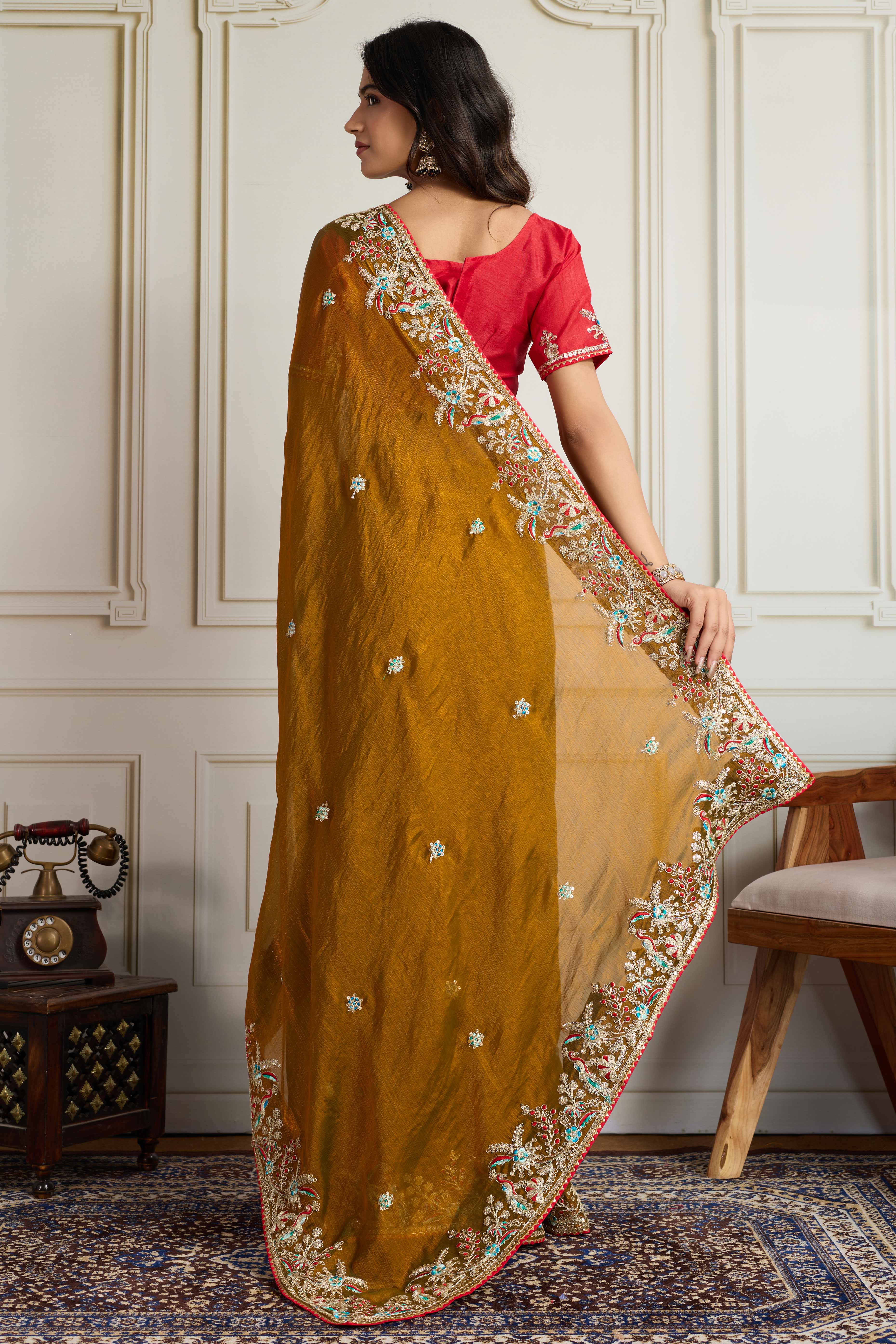Olive Fancy Chiffon Partywear Saree with Intricate Sequins & Thread Embroidery