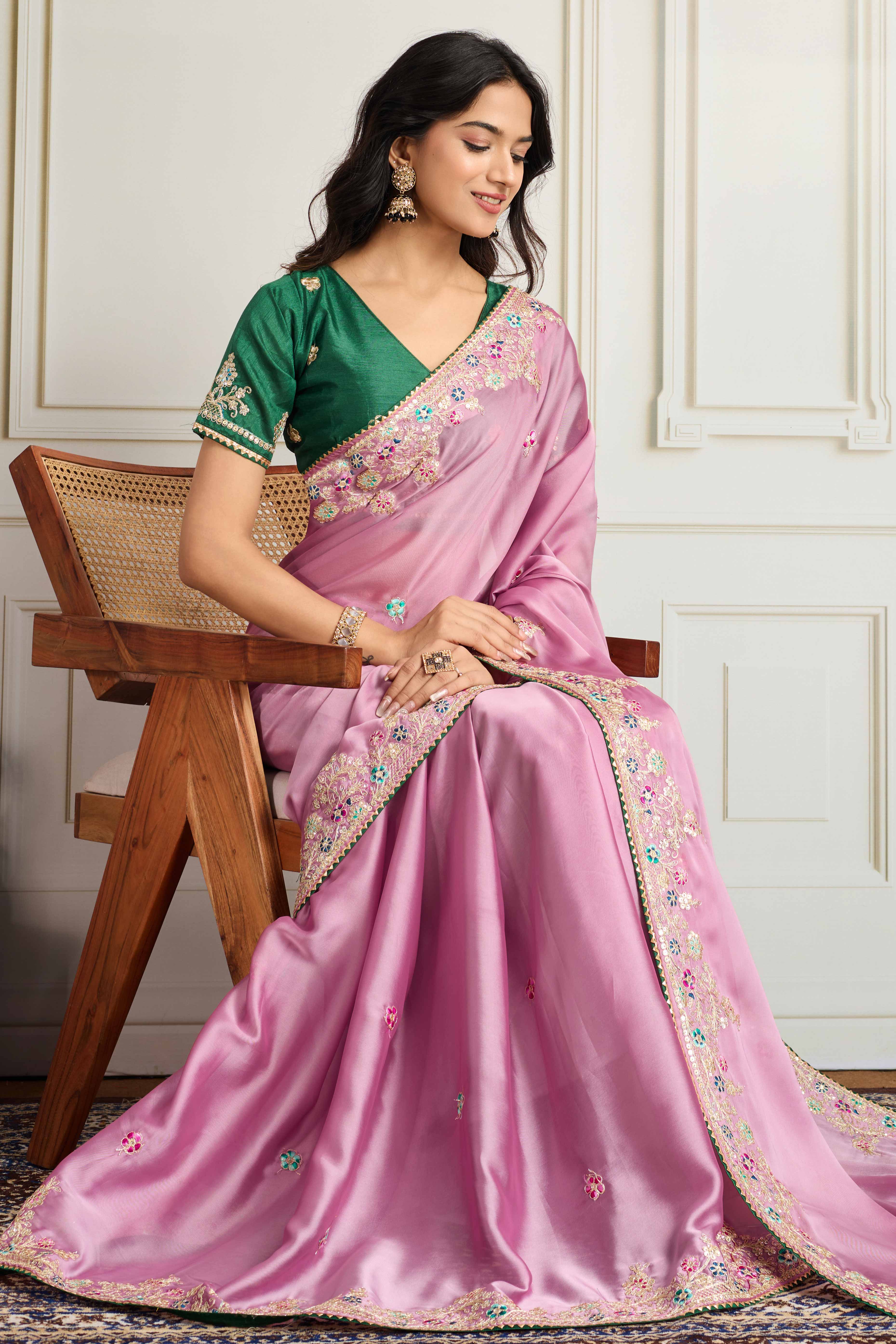 Pink Star Georgette Party Saree with Sequins and Floral Embroidery