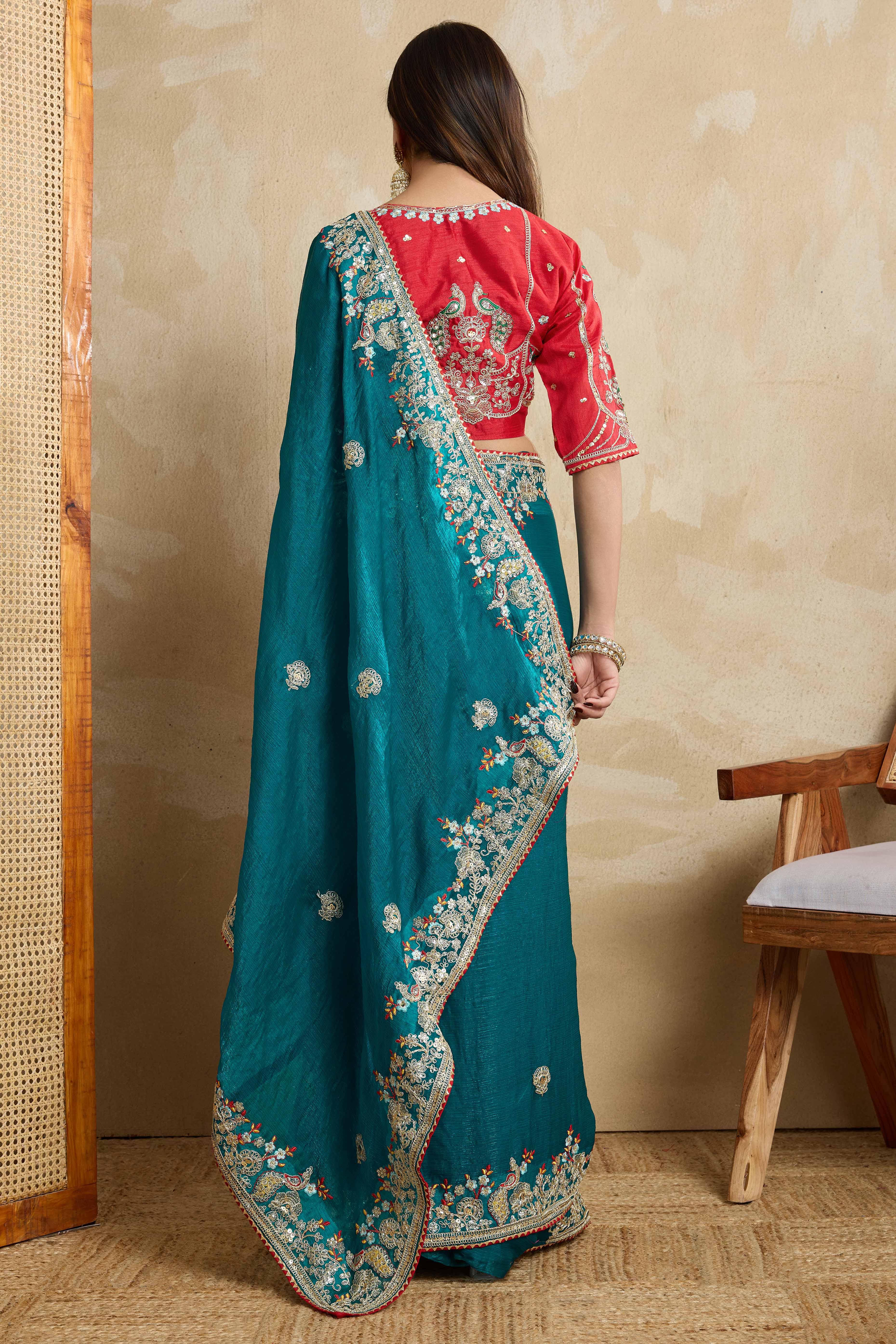 Rama Blue Chiffon Saree With intricate Floral Cording Embroidery & Shimmering Sequins Work