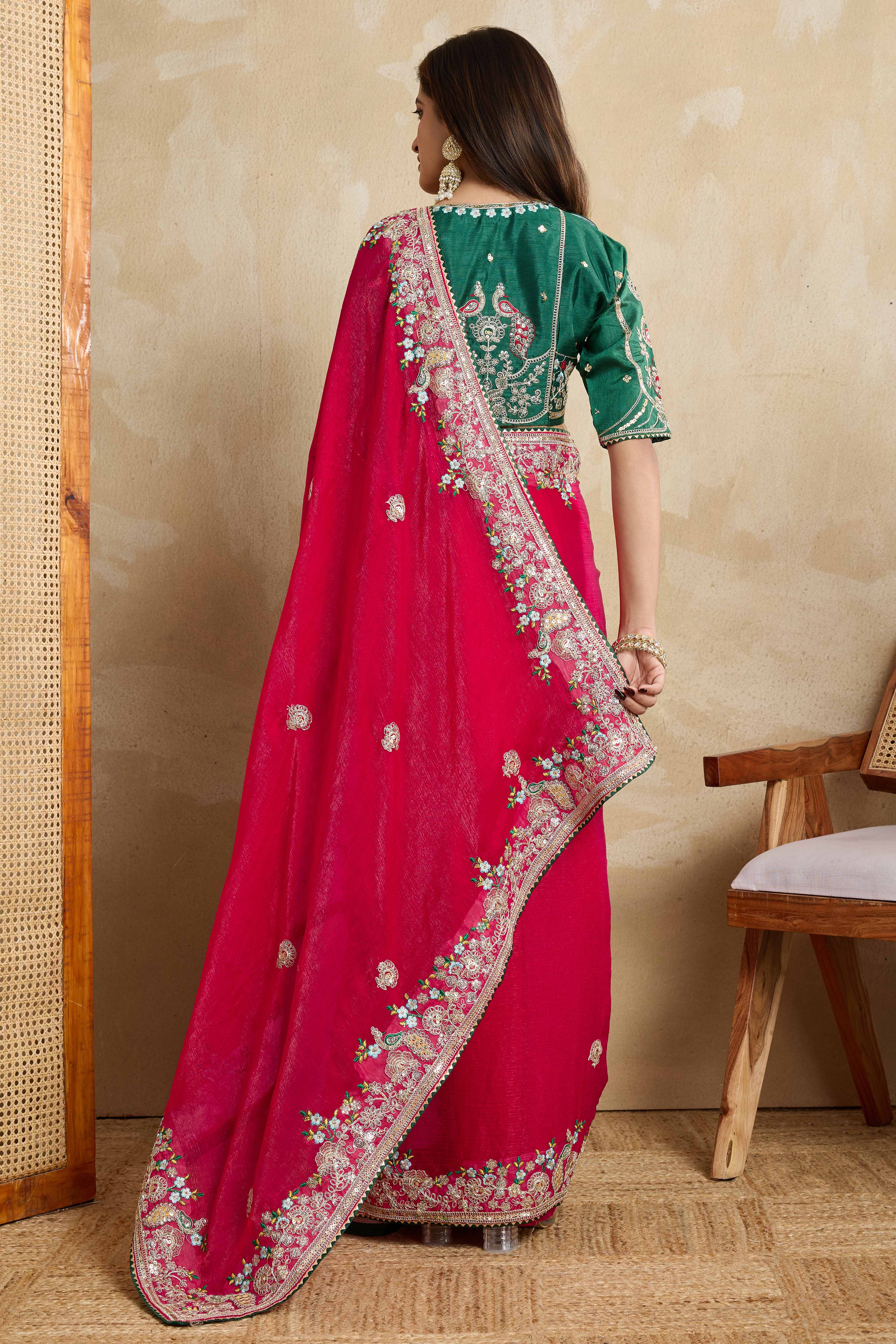 Pink Chiffon Saree With intricate Floral Cording Embroidery & Shimmering Sequins Work