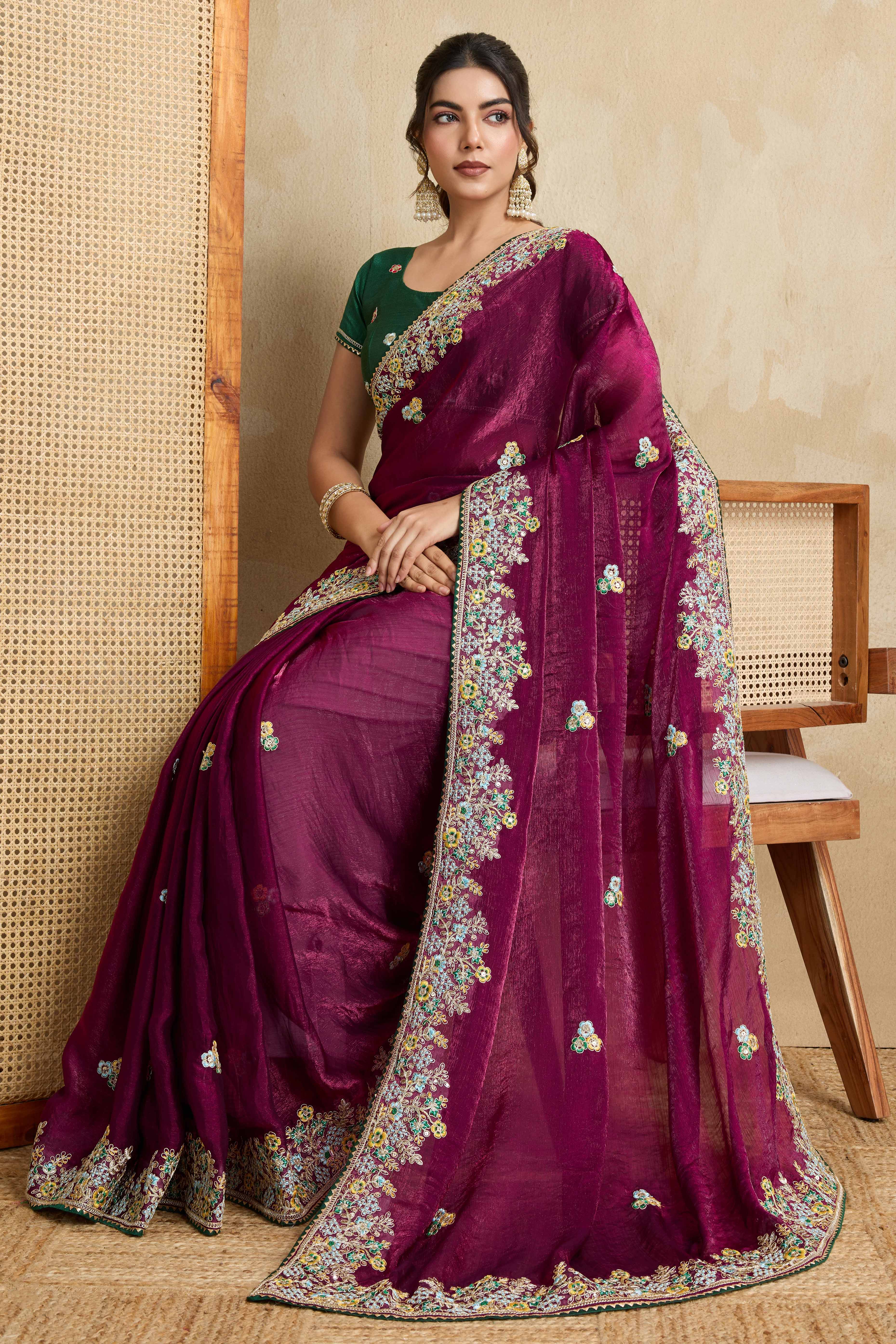 Luxe Frendy Chiffon Saree in Bold Plum Purple with Delicate Floral Embroidery