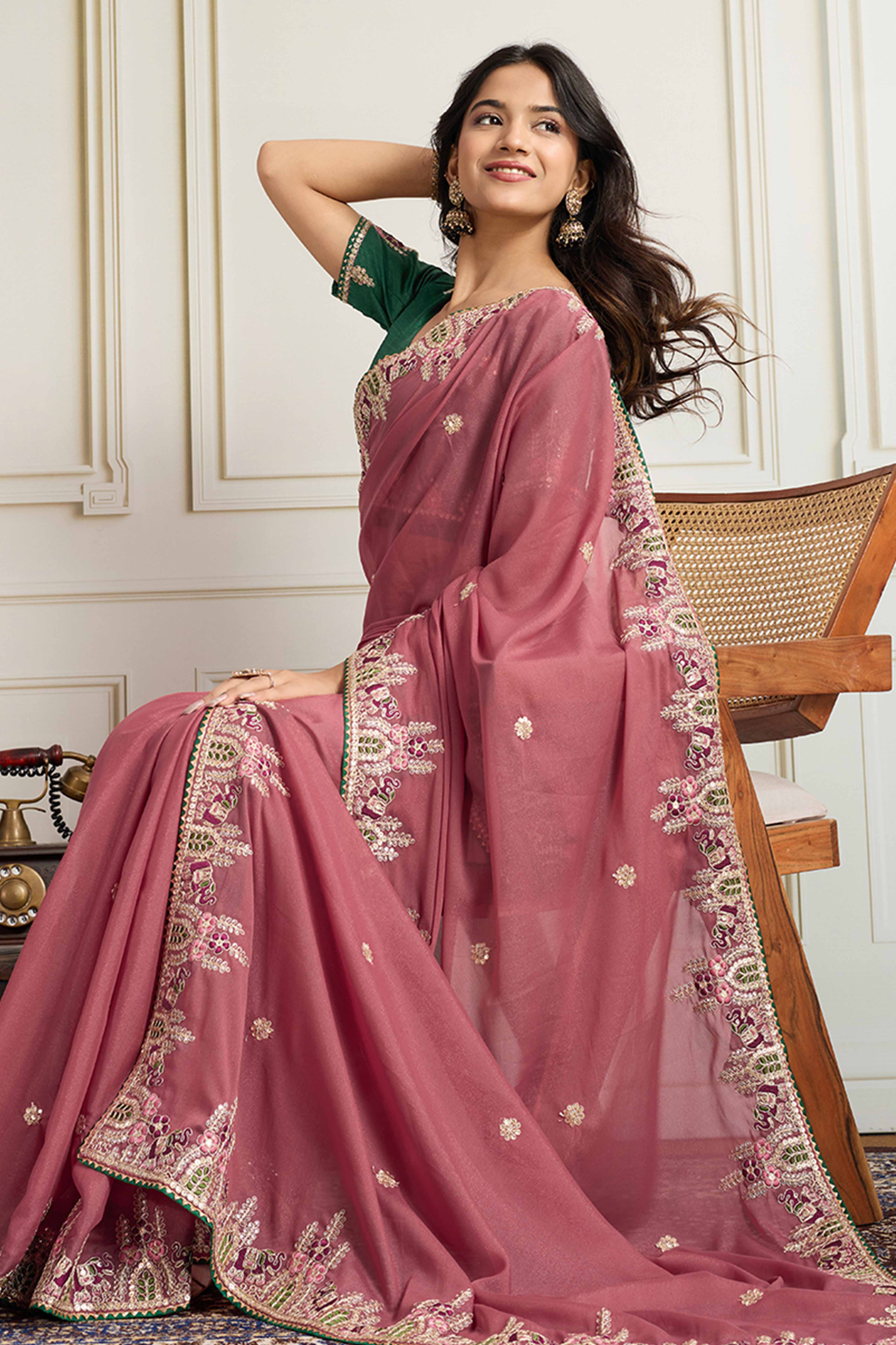 Dusty Rose Pink Georgette Saree Featuring Floral Cording Embroidery & Shimmering Sequins Work